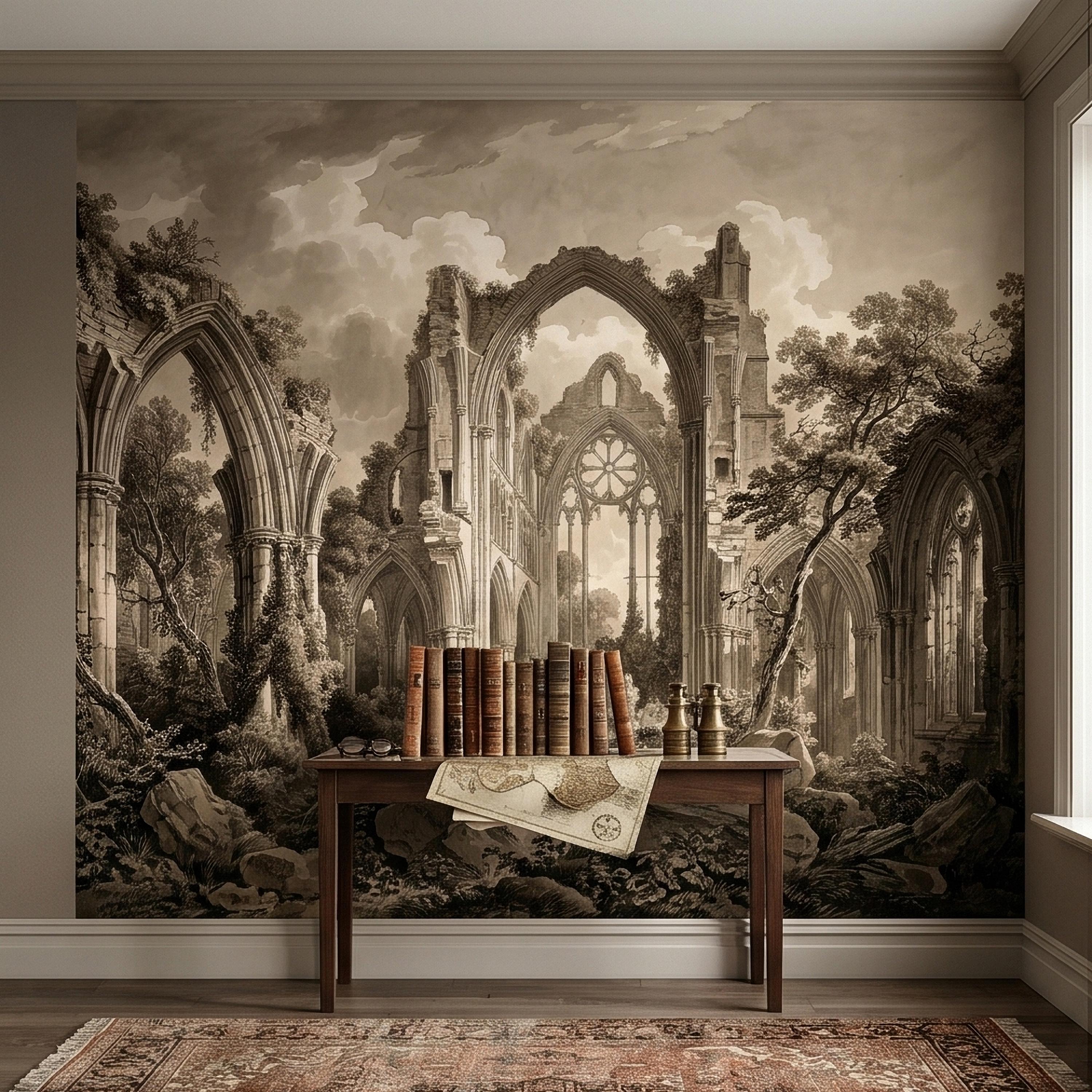 Gothic Abbey Ruins Peel and Stick Wall Mural, Vintage Sepia Architectural Drawing, Ancient Cathedral Arches, Romantic Landscape Wallpaper