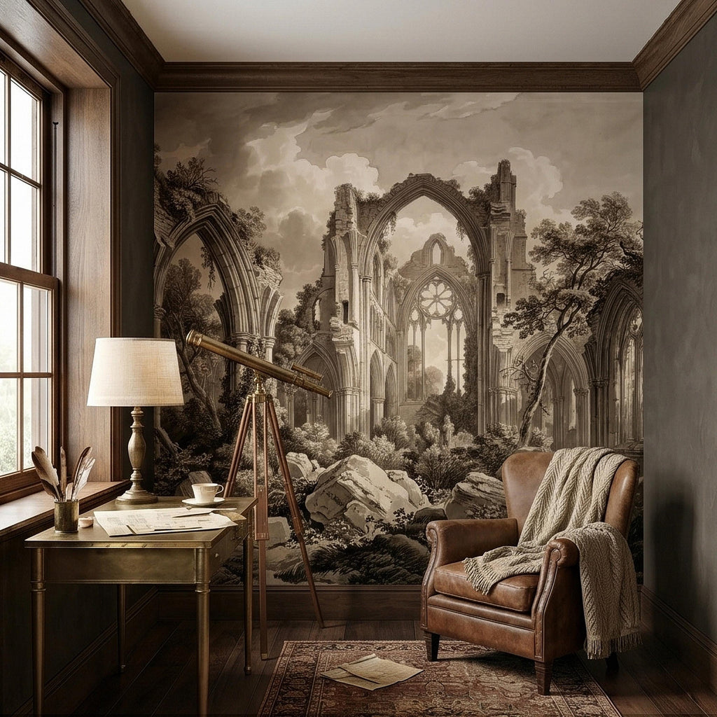 Gothic Abbey Ruins Peel and Stick Wall Mural, Vintage Sepia Architectural Drawing, Ancient Cathedral Arches, Romantic Landscape Wallpaper