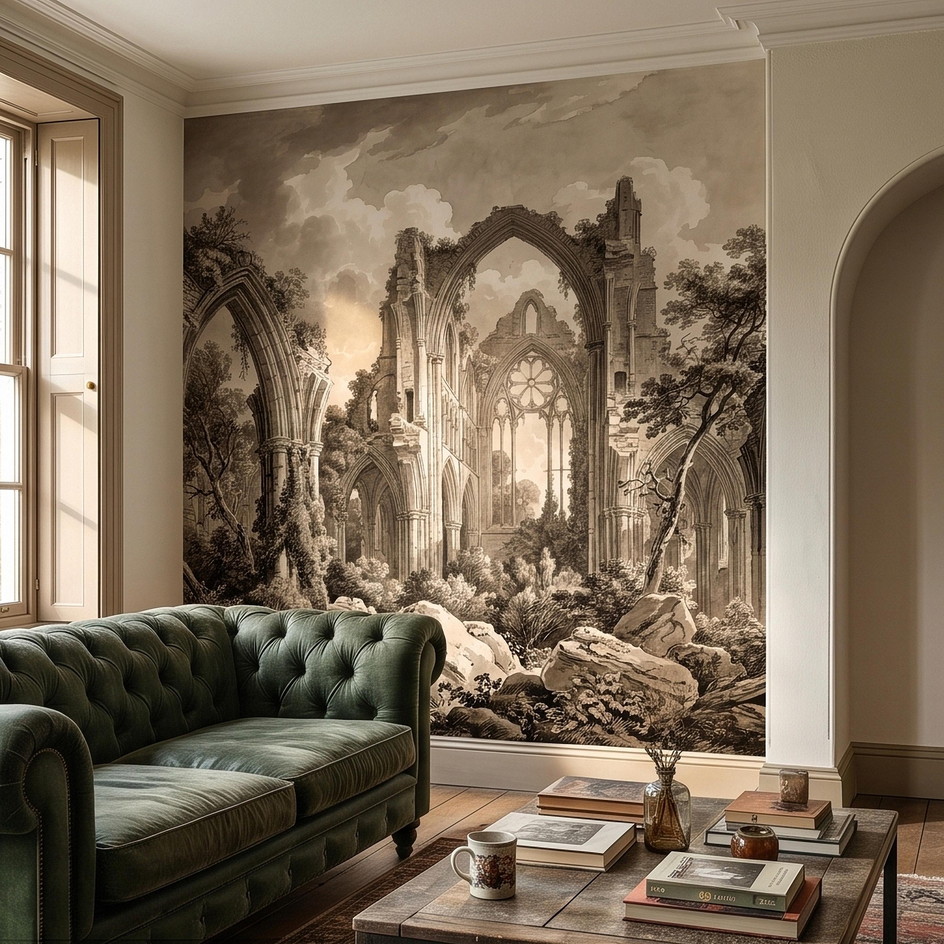 Gothic Abbey Ruins Peel and Stick Wall Mural, Vintage Sepia Architectural Drawing, Ancient Cathedral Arches, Romantic Landscape Wallpaper