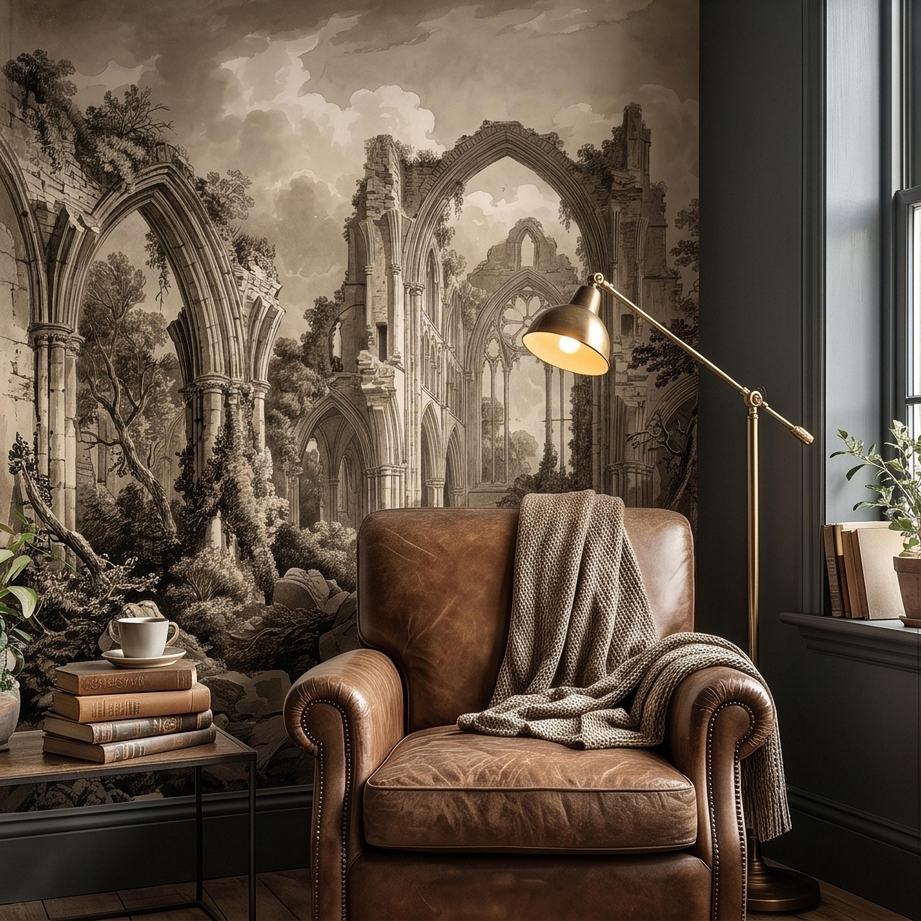 Gothic Abbey Ruins Peel and Stick Wall Mural, Vintage Sepia Architectural Drawing, Ancient Cathedral Arches, Romantic Landscape Wallpaper