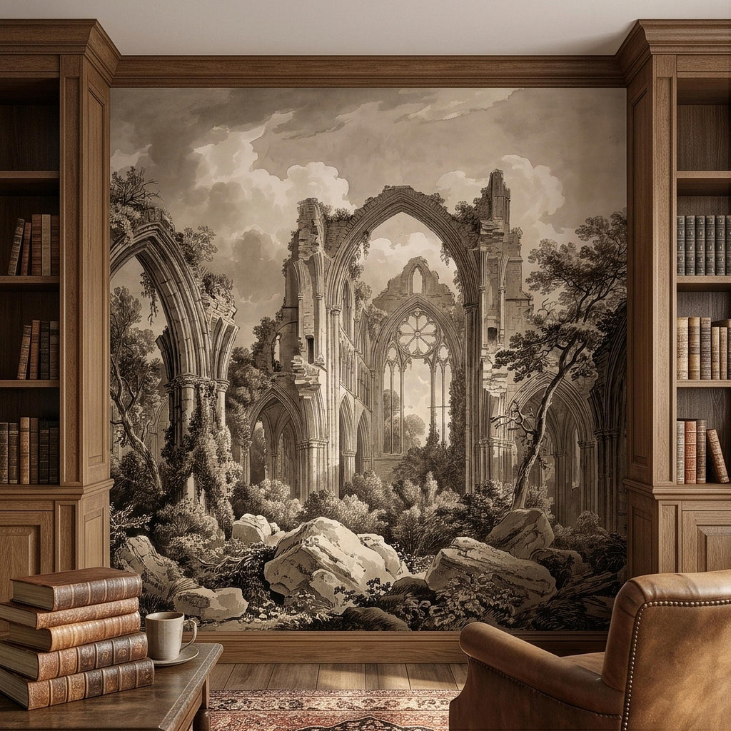 Gothic Abbey Ruins Peel and Stick Wall Mural, Vintage Sepia Architectural Drawing, Ancient Cathedral Arches, Romantic Landscape Wallpaper