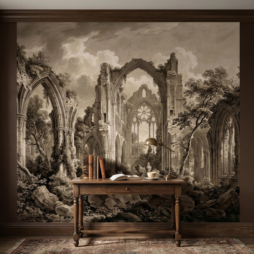 Gothic Abbey Ruins Peel and Stick Wall Mural, Vintage Sepia Architectural Drawing, Ancient Cathedral Arches, Romantic Landscape Wallpaper