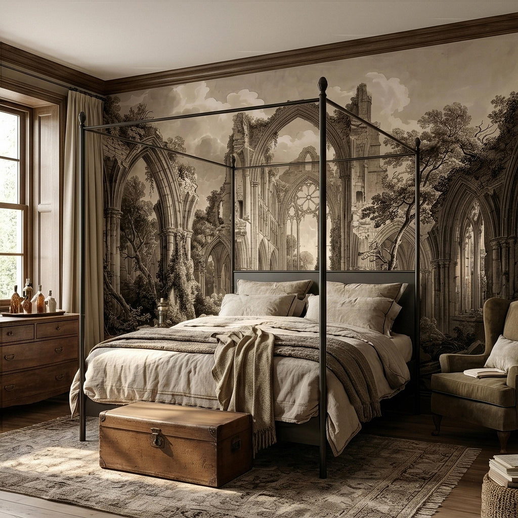 Gothic Abbey Ruins Peel and Stick Wall Mural, Vintage Sepia Architectural Drawing, Ancient Cathedral Arches, Romantic Landscape Wallpaper