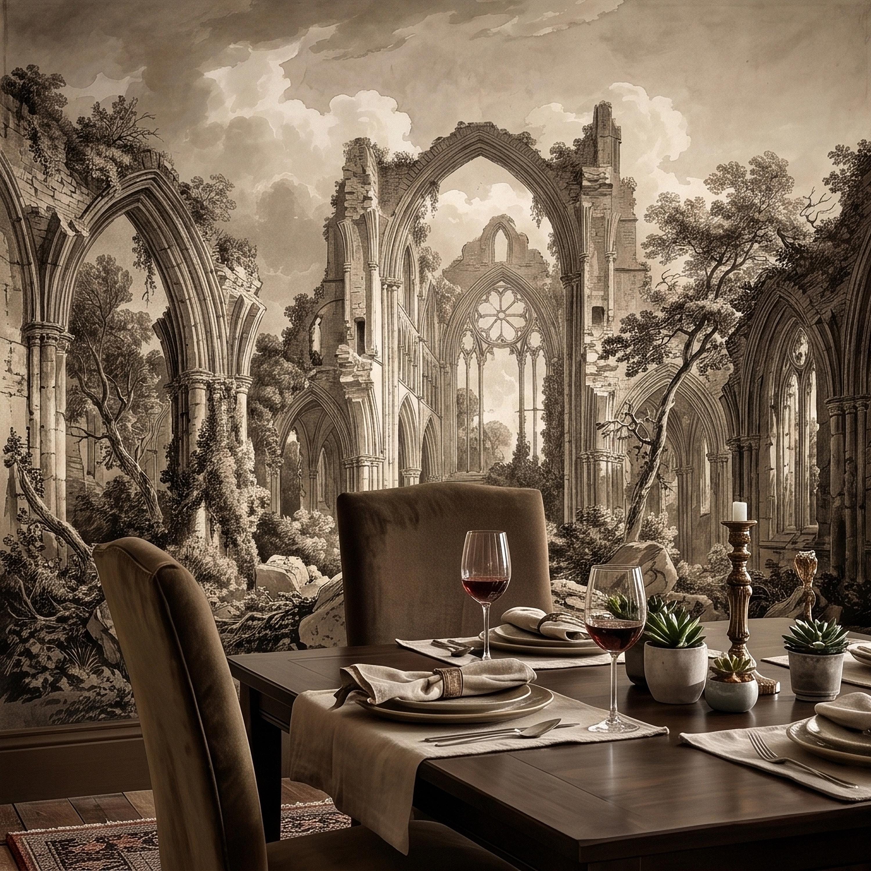 Gothic Abbey Ruins Peel and Stick Wall Mural, Vintage Sepia Architectural Drawing, Ancient Cathedral Arches, Romantic Landscape Wallpaper