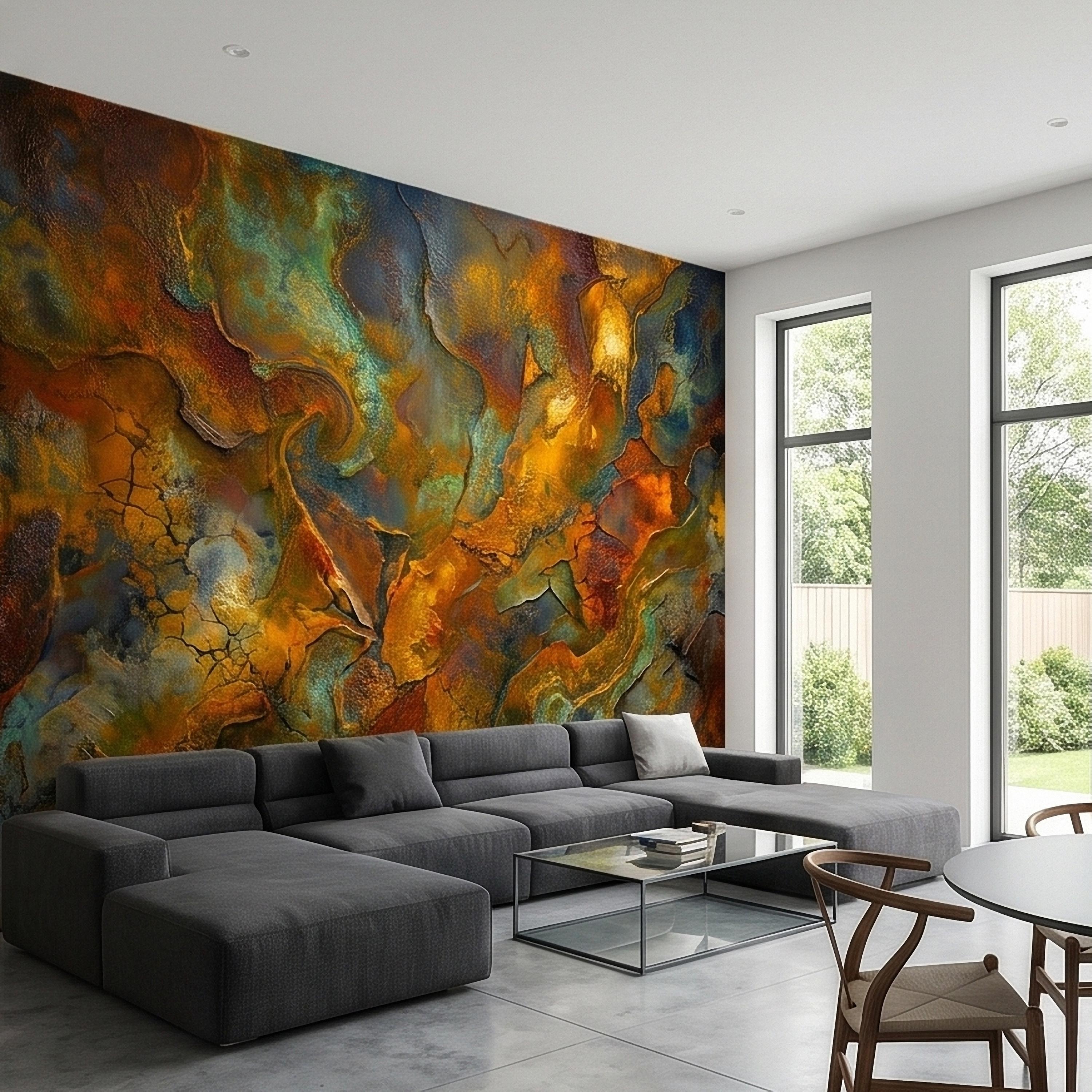 Abstract Patina Peel and Stick Wall Mural, Copper Rust Teal Gold Cracked Plaster Texture, Oxidized Metal Industrial Abstract Art Wallpaper