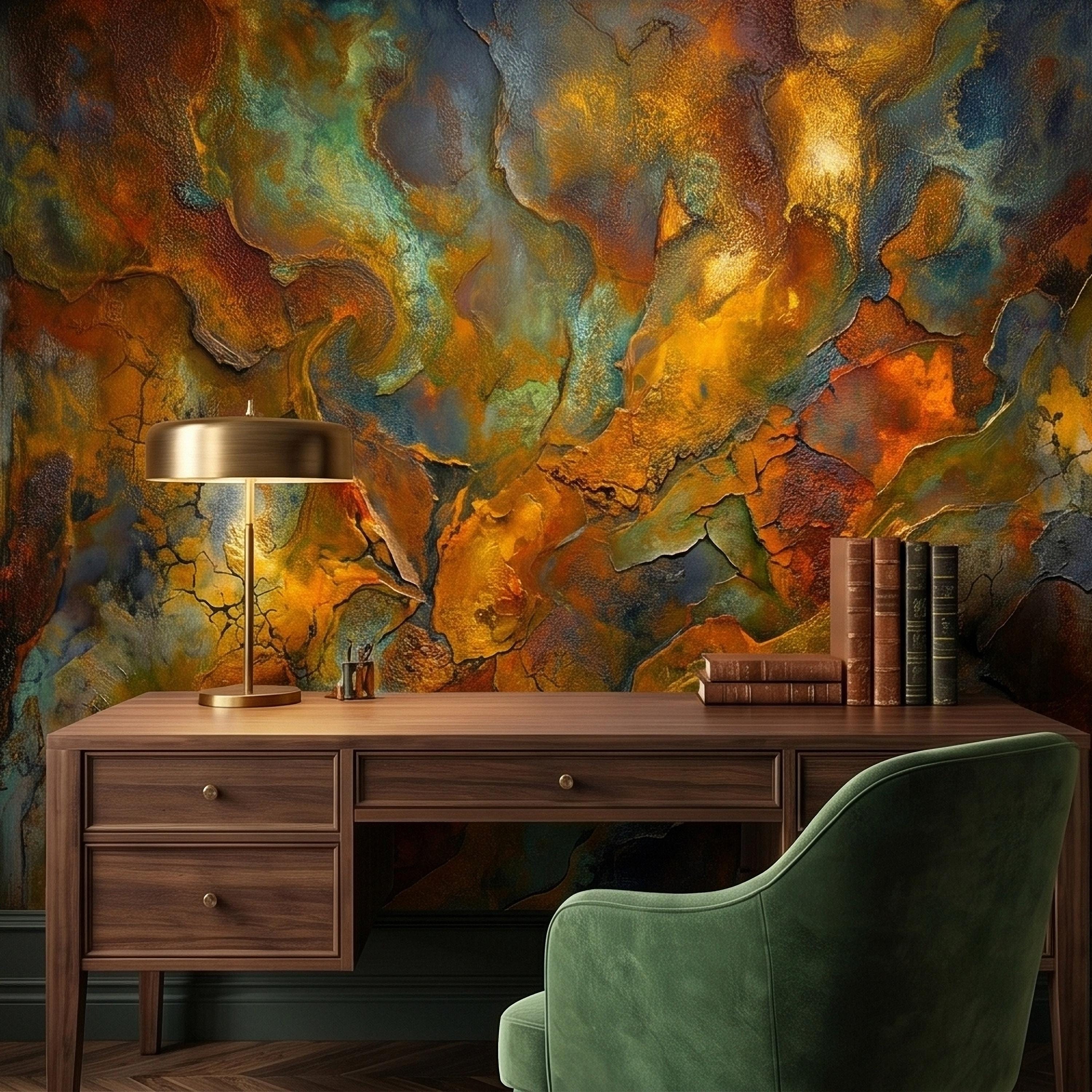 Abstract Patina Peel and Stick Wall Mural, Copper Rust Teal Gold Cracked Plaster Texture, Oxidized Metal Industrial Abstract Art Wallpaper