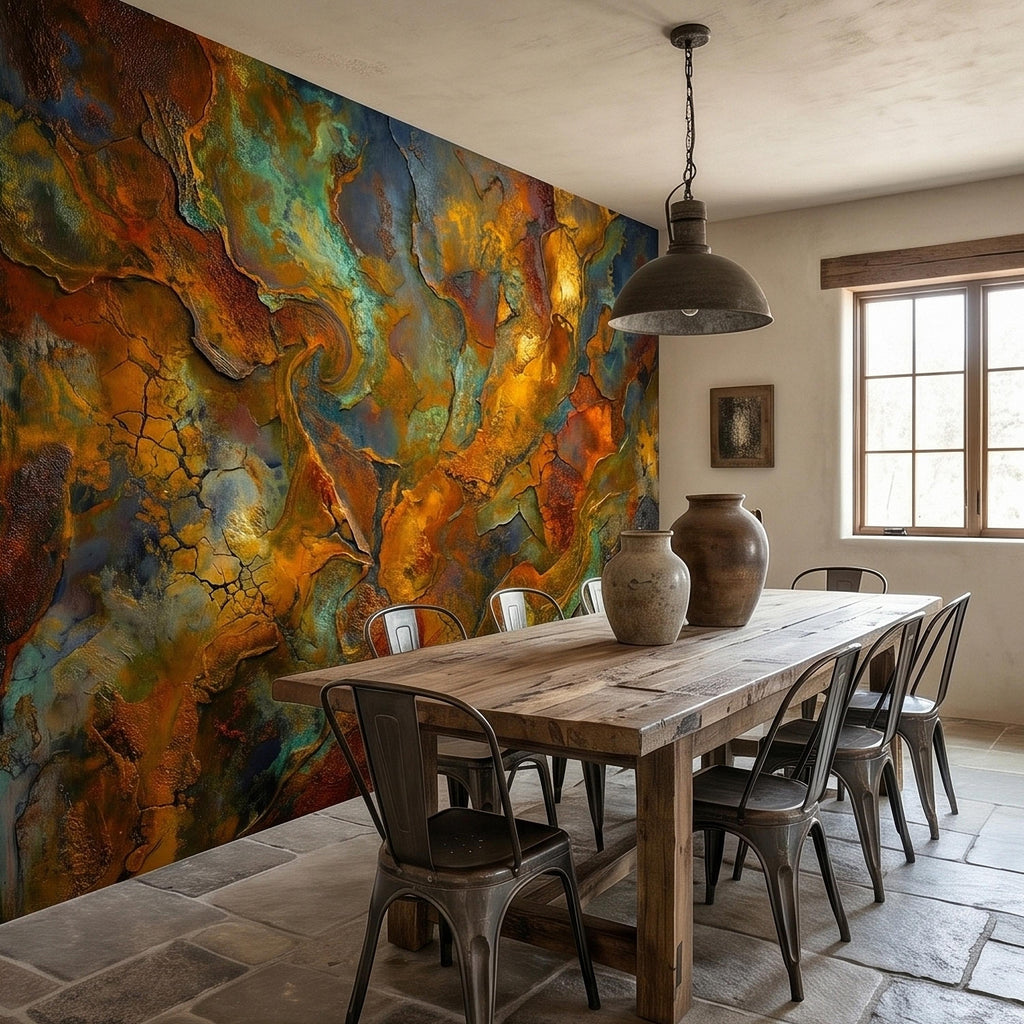 Abstract Patina Peel and Stick Wall Mural, Copper Rust Teal Gold Cracked Plaster Texture, Oxidized Metal Industrial Abstract Art Wallpaper