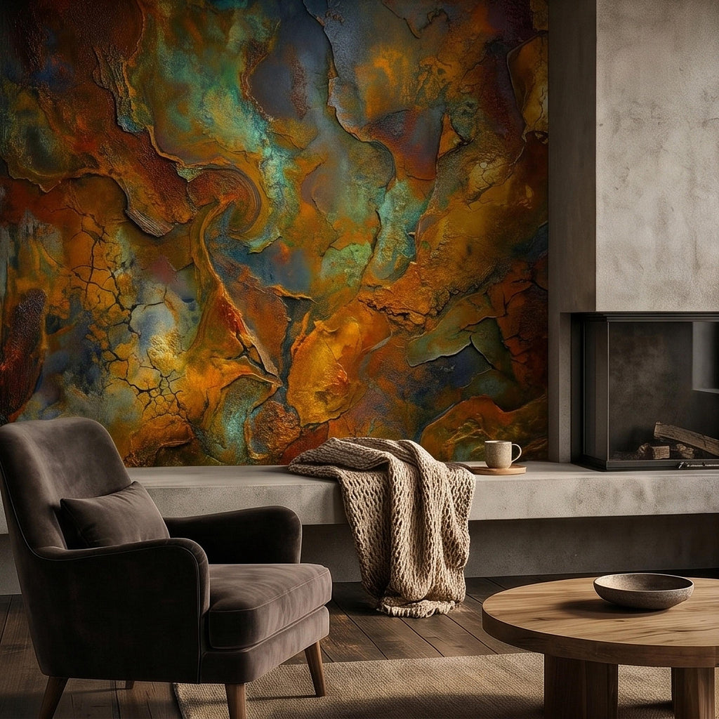 Abstract Patina Peel and Stick Wall Mural, Copper Rust Teal Gold Cracked Plaster Texture, Oxidized Metal Industrial Abstract Art Wallpaper