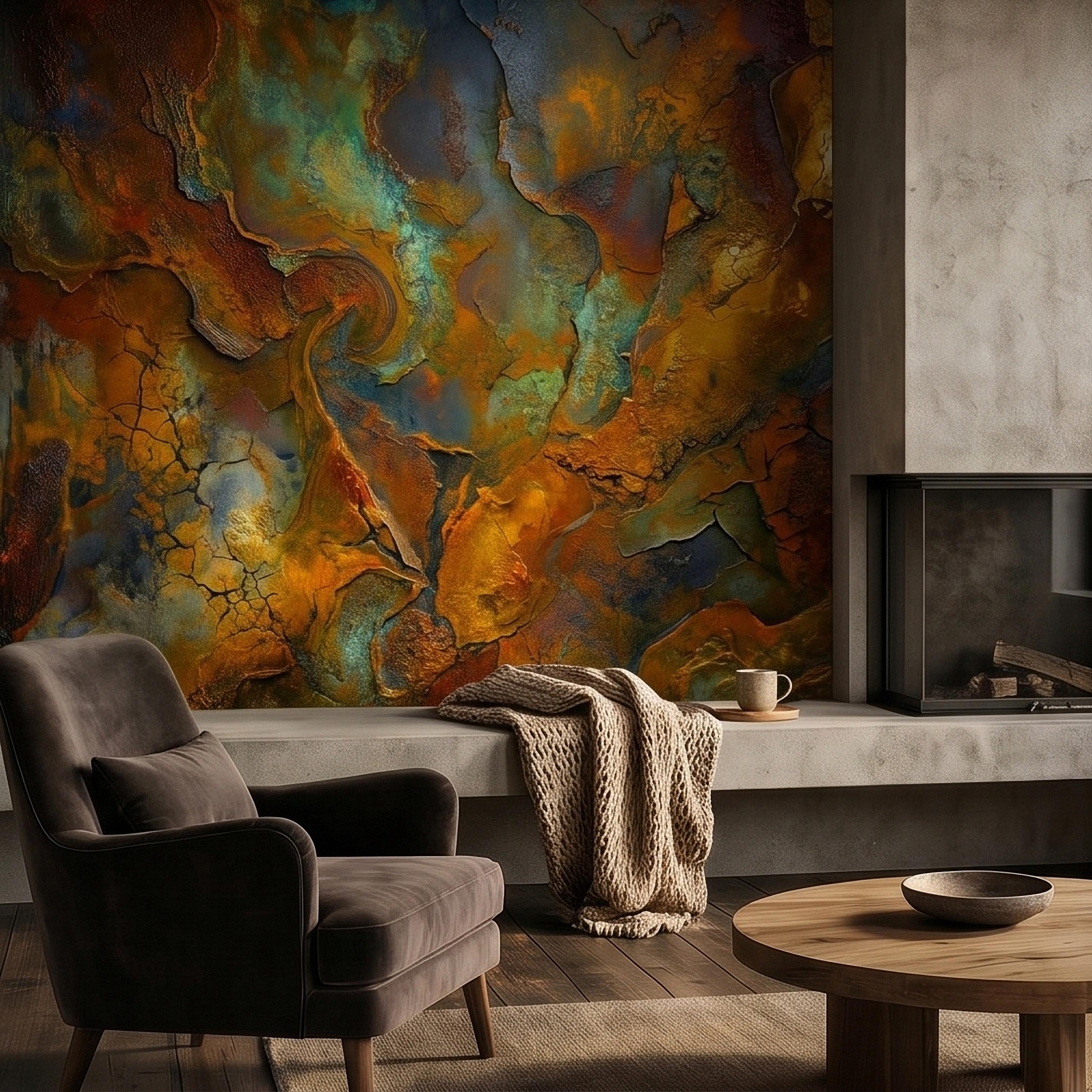 Abstract Patina Peel and Stick Wall Mural, Copper Rust Teal Gold Cracked Plaster Texture, Oxidized Metal Industrial Abstract Art Wallpaper