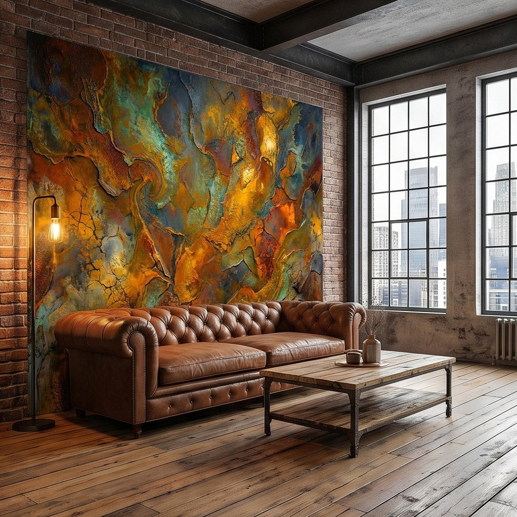 Abstract Patina Peel and Stick Wall Mural, Copper Rust Teal Gold Cracked Plaster Texture, Oxidized Metal Industrial Abstract Art Wallpaper