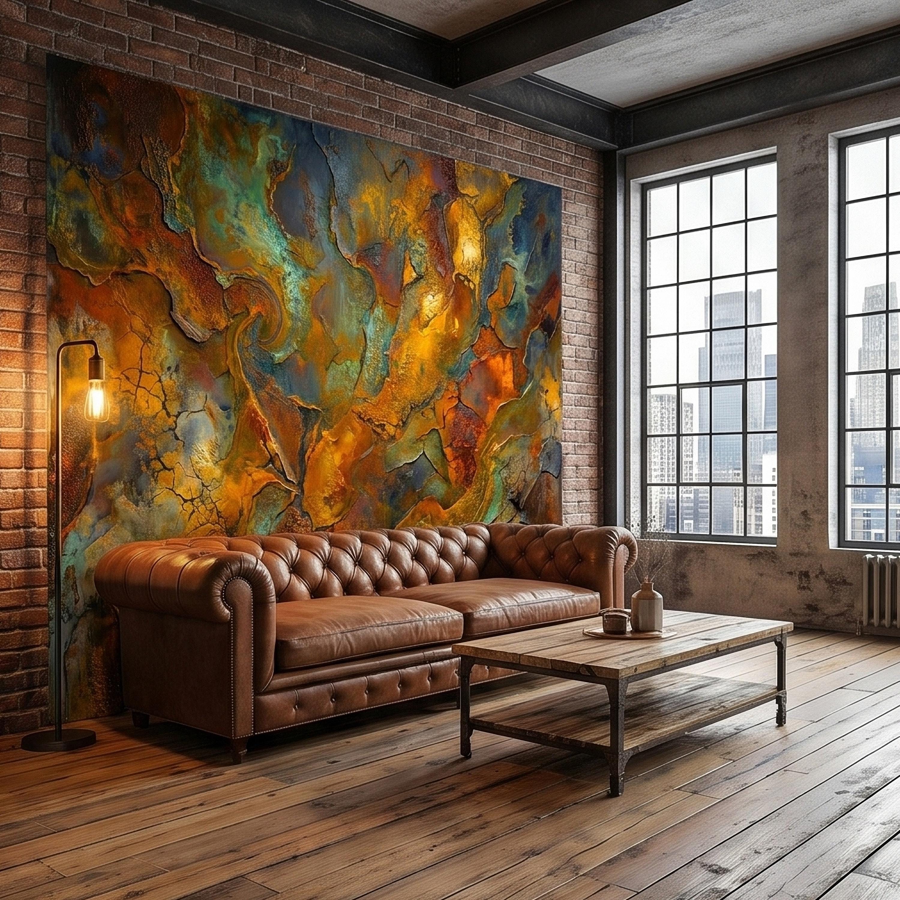 Abstract Patina Peel and Stick Wall Mural, Copper Rust Teal Gold Cracked Plaster Texture, Oxidized Metal Industrial Abstract Art Wallpaper