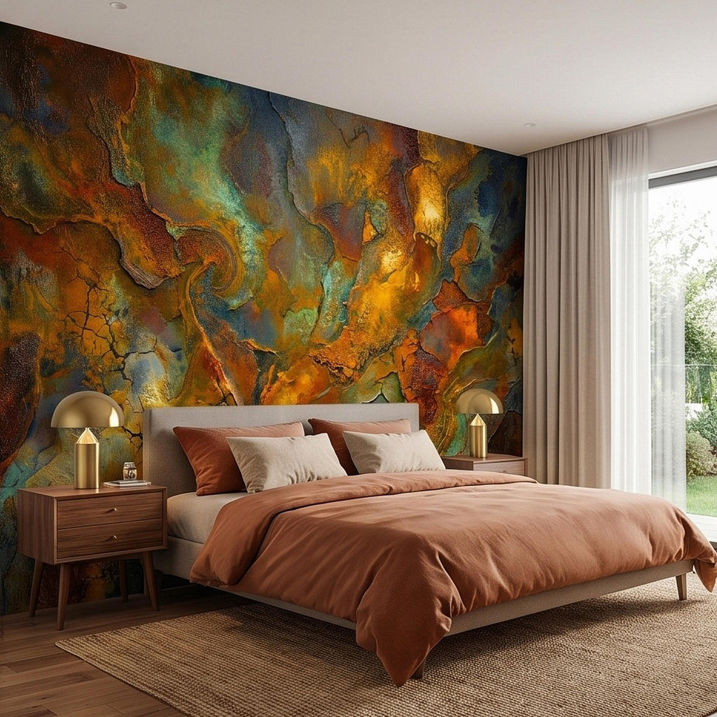 Abstract Patina Peel and Stick Wall Mural, Copper Rust Teal Gold Cracked Plaster Texture, Oxidized Metal Industrial Abstract Art Wallpaper