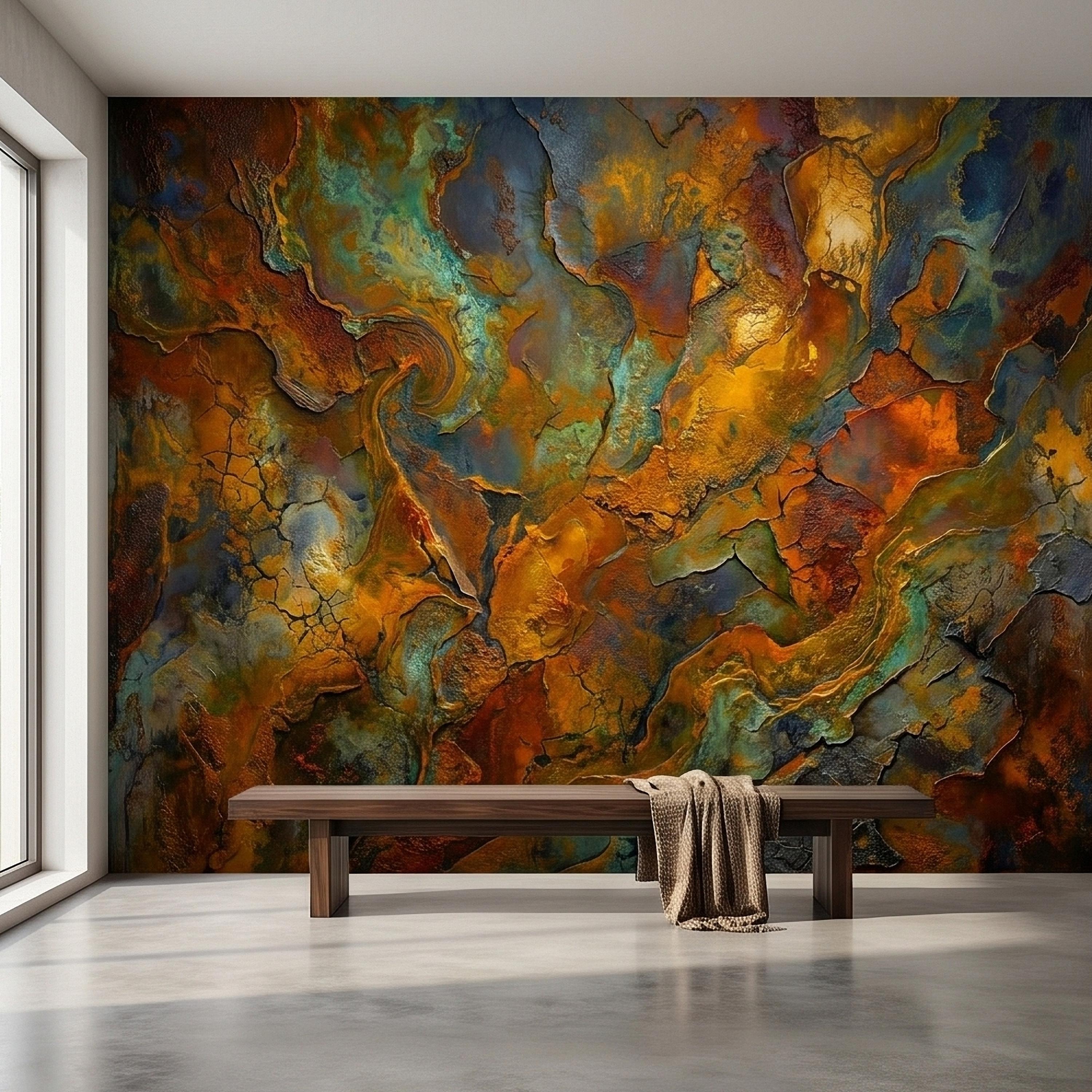 Abstract Patina Peel and Stick Wall Mural, Copper Rust Teal Gold Cracked Plaster Texture, Oxidized Metal Industrial Abstract Art Wallpaper