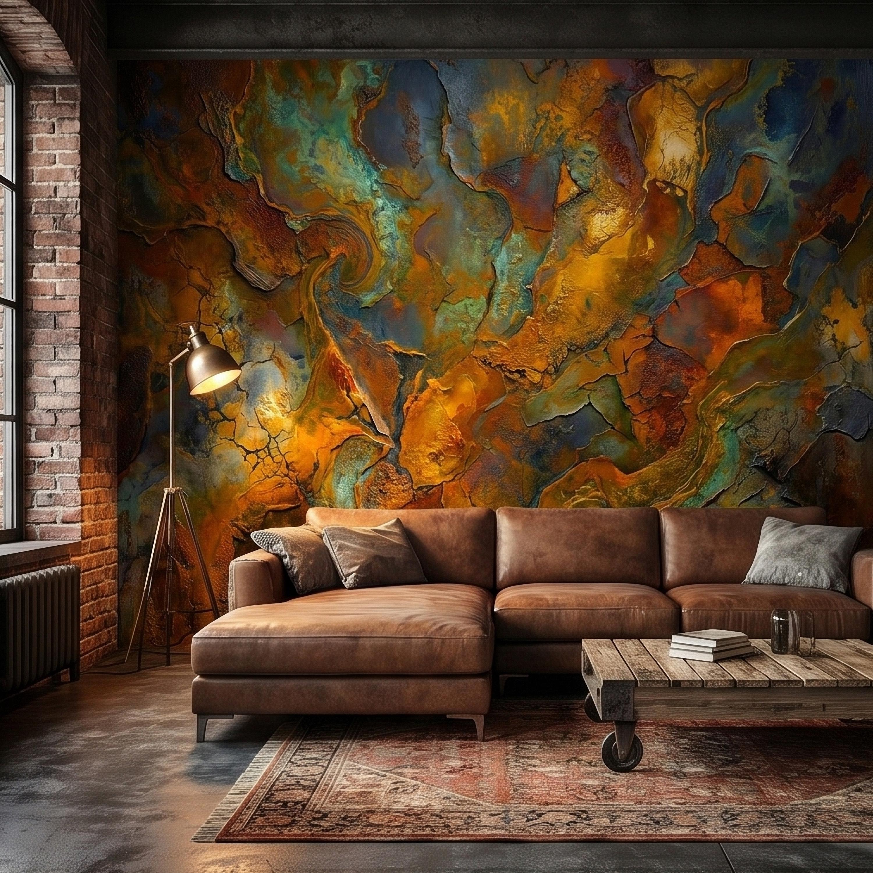 Abstract Patina Peel and Stick Wall Mural, Copper Rust Teal Gold Cracked Plaster Texture, Oxidized Metal Industrial Abstract Art Wallpaper