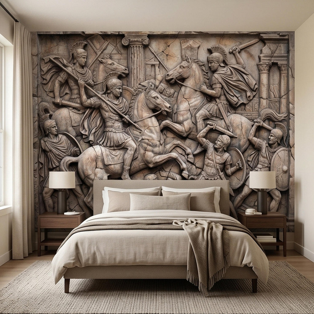 Ancient Roman Battle Relief Peel and Stick Wall Mural, Classical Greek Warriors & Horses Stone Bas-Relief, Beige Gray Antique Wallpaper