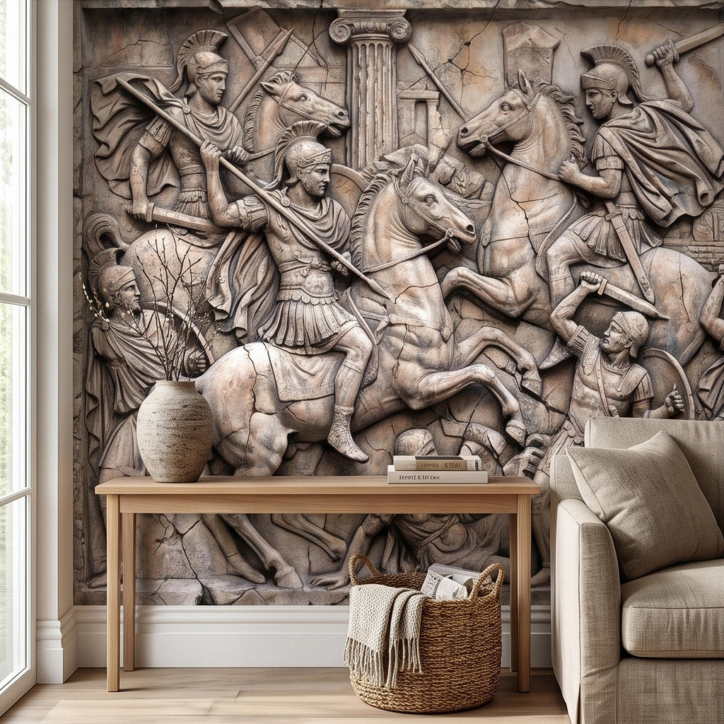 Ancient Roman Battle Relief Peel and Stick Wall Mural, Classical Greek Warriors & Horses Stone Bas-Relief, Beige Gray Antique Wallpaper