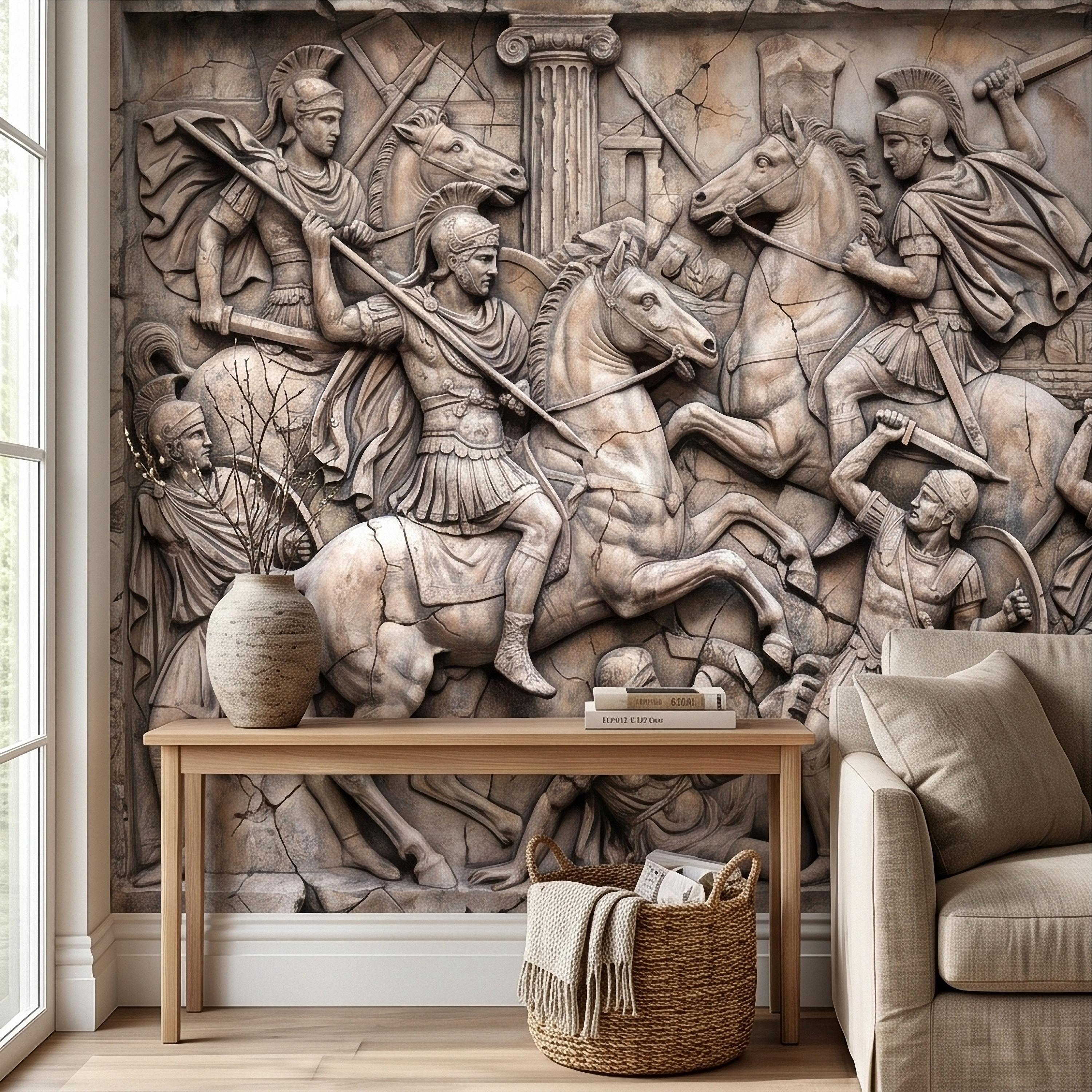 Ancient Roman Battle Relief Peel and Stick Wall Mural, Classical Greek Warriors & Horses Stone Bas-Relief, Beige Gray Antique Wallpaper