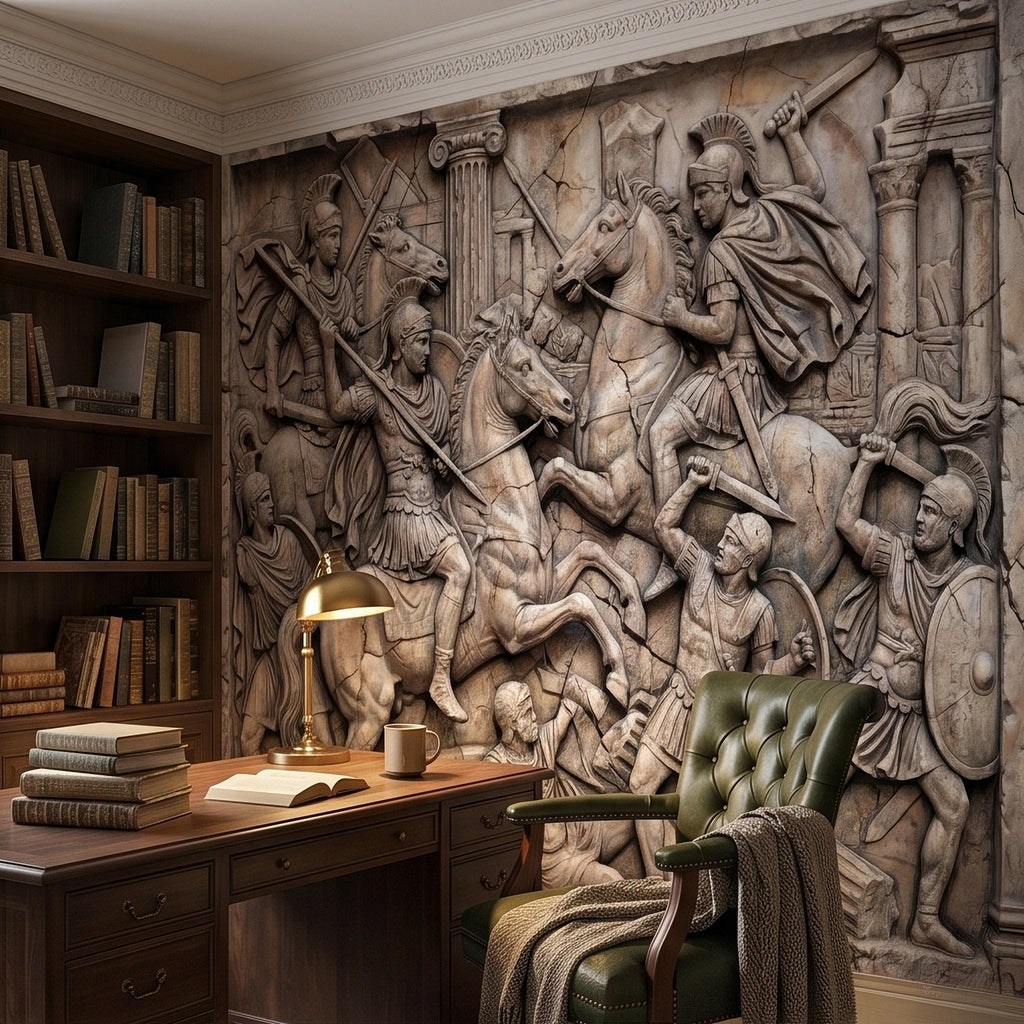 Ancient Roman Battle Relief Peel and Stick Wall Mural, Classical Greek Warriors & Horses Stone Bas-Relief, Beige Gray Antique Wallpaper