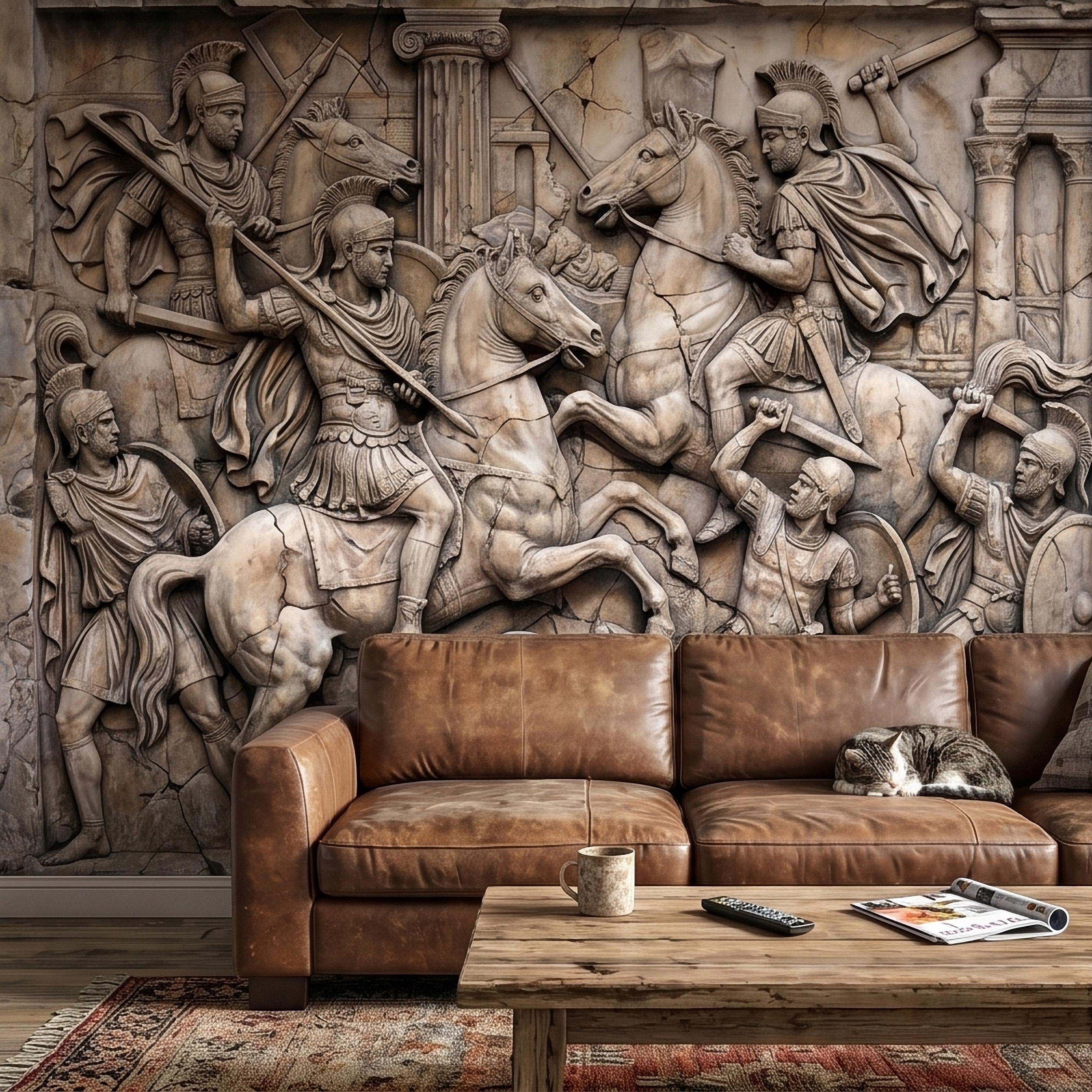 Ancient Roman Battle Relief Peel and Stick Wall Mural, Classical Greek Warriors & Horses Stone Bas-Relief, Beige Gray Antique Wallpaper