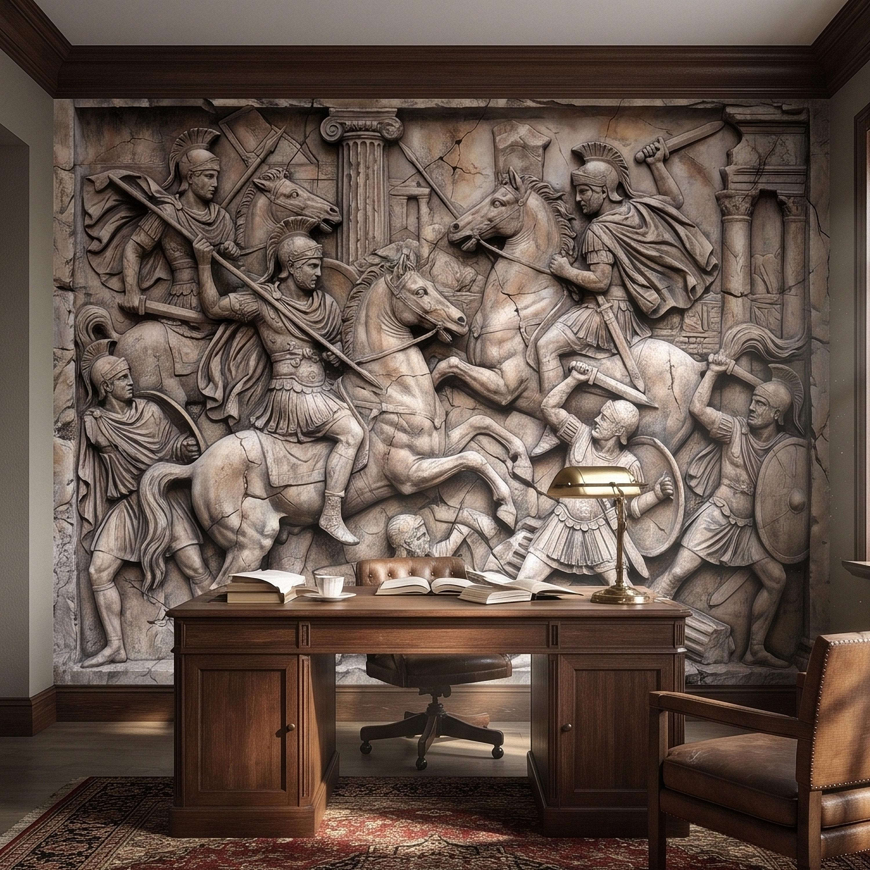 Ancient Roman Battle Relief Peel and Stick Wall Mural, Classical Greek Warriors & Horses Stone Bas-Relief, Beige Gray Antique Wallpaper