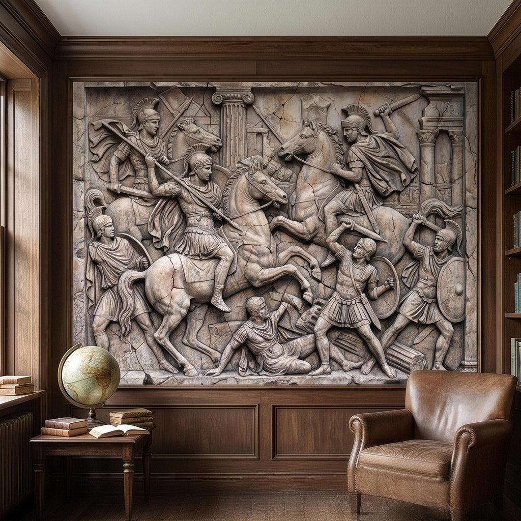 Ancient Roman Battle Relief Peel and Stick Wall Mural, Classical Greek Warriors & Horses Stone Bas-Relief, Beige Gray Antique Wallpaper
