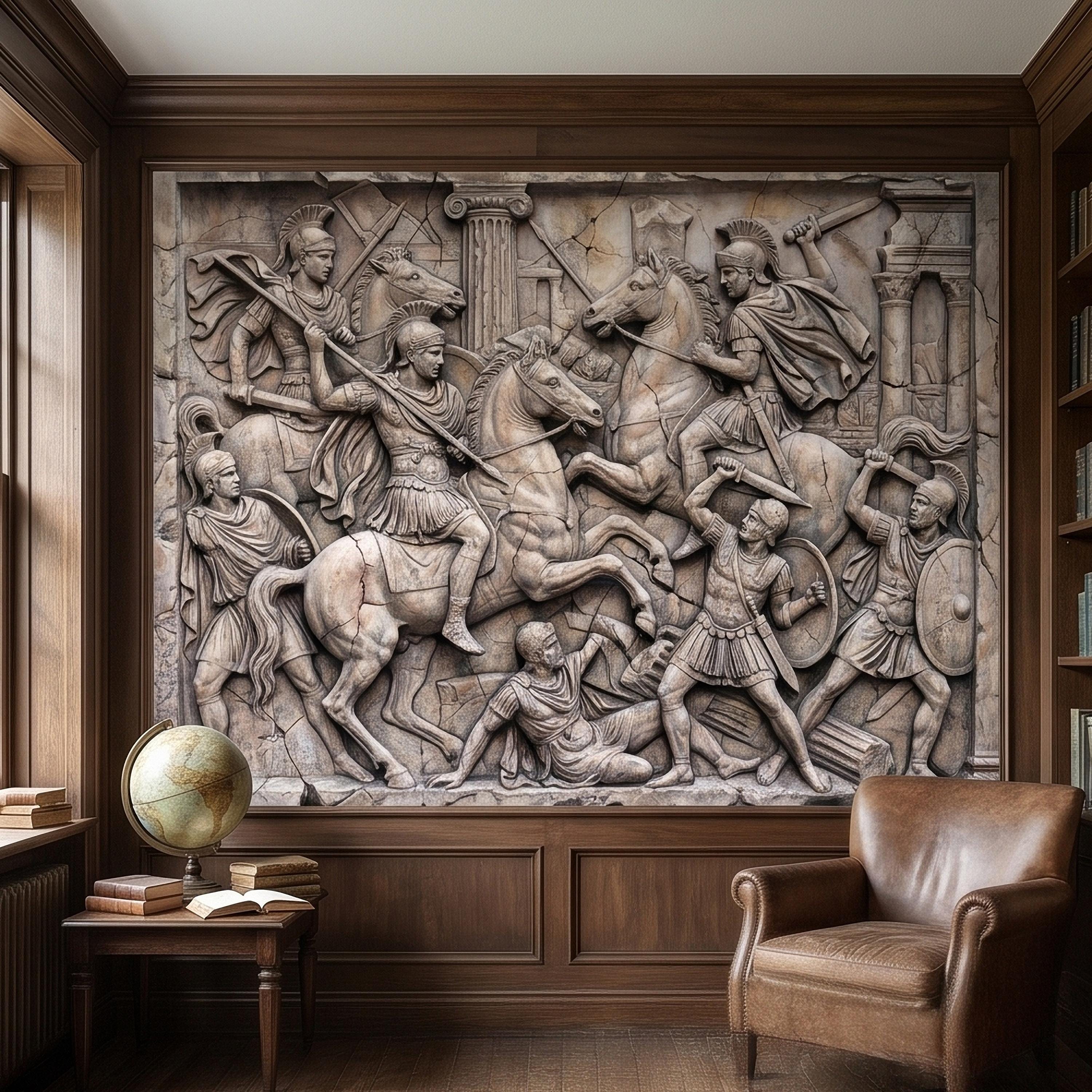 Ancient Roman Battle Relief Peel and Stick Wall Mural, Classical Greek Warriors & Horses Stone Bas-Relief, Beige Gray Antique Wallpaper