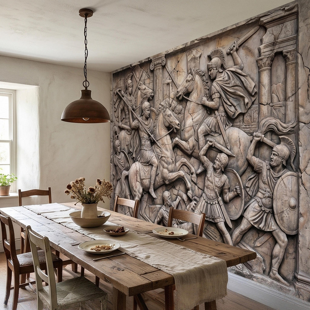 Ancient Roman Battle Relief Peel and Stick Wall Mural, Classical Greek Warriors & Horses Stone Bas-Relief, Beige Gray Antique Wallpaper