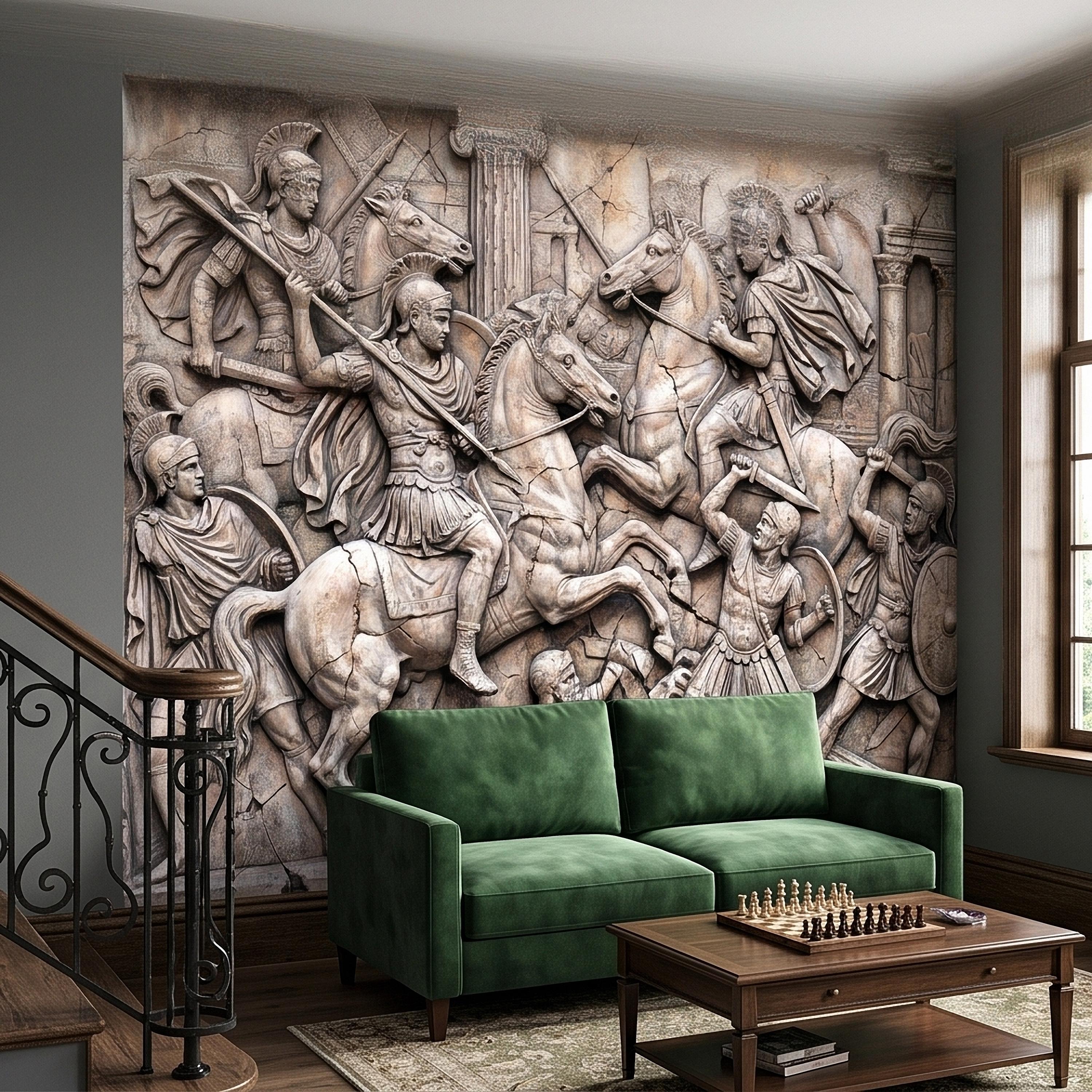 Ancient Roman Battle Relief Peel and Stick Wall Mural, Classical Greek Warriors & Horses Stone Bas-Relief, Beige Gray Antique Wallpaper