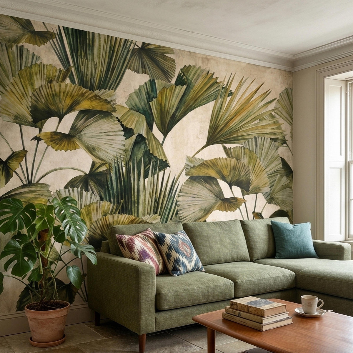 Tropical palm leaf wall mural with layered fan leaves in green and beige on cream