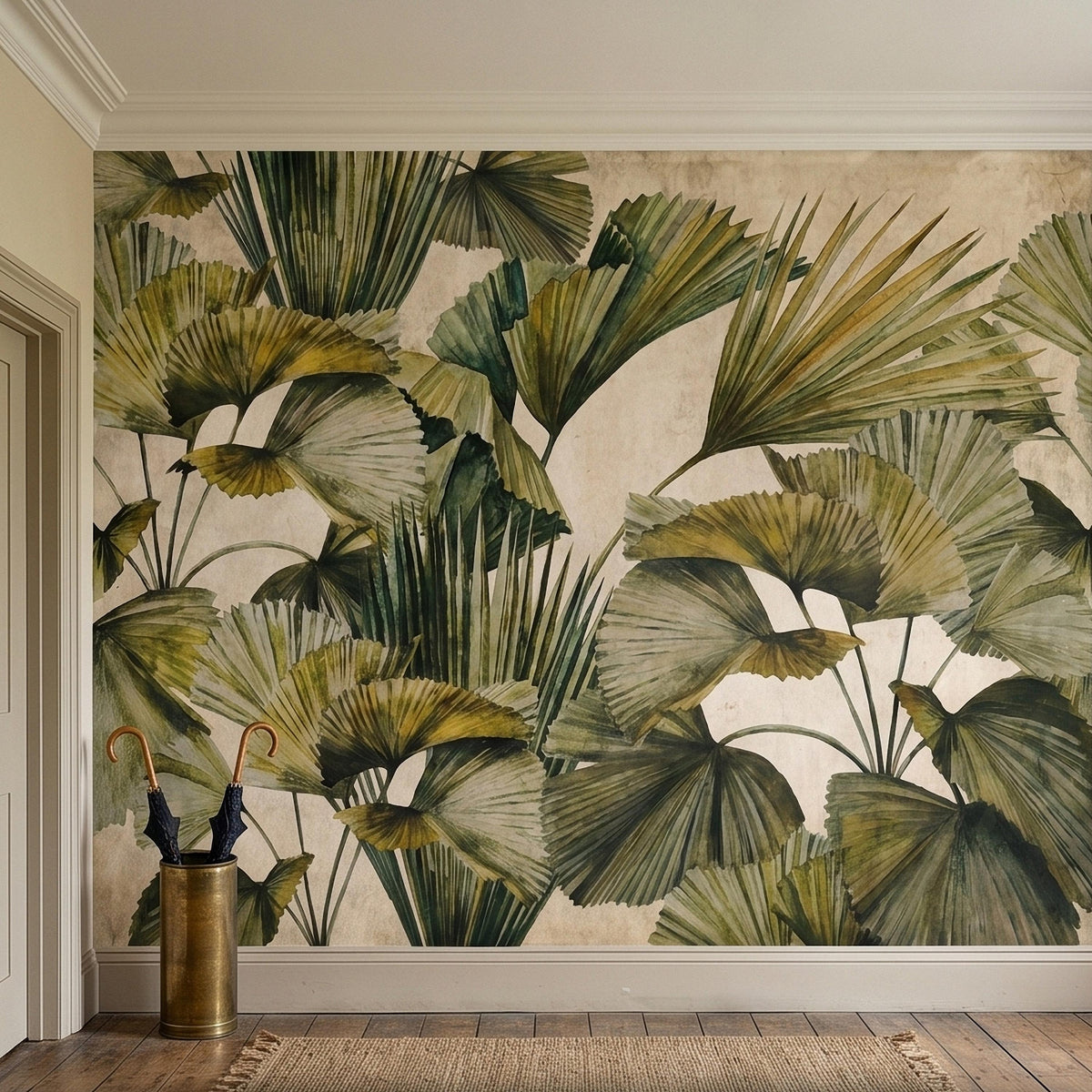 Tropical palm leaf wall mural showing large fan leaves in green, beige, and cream