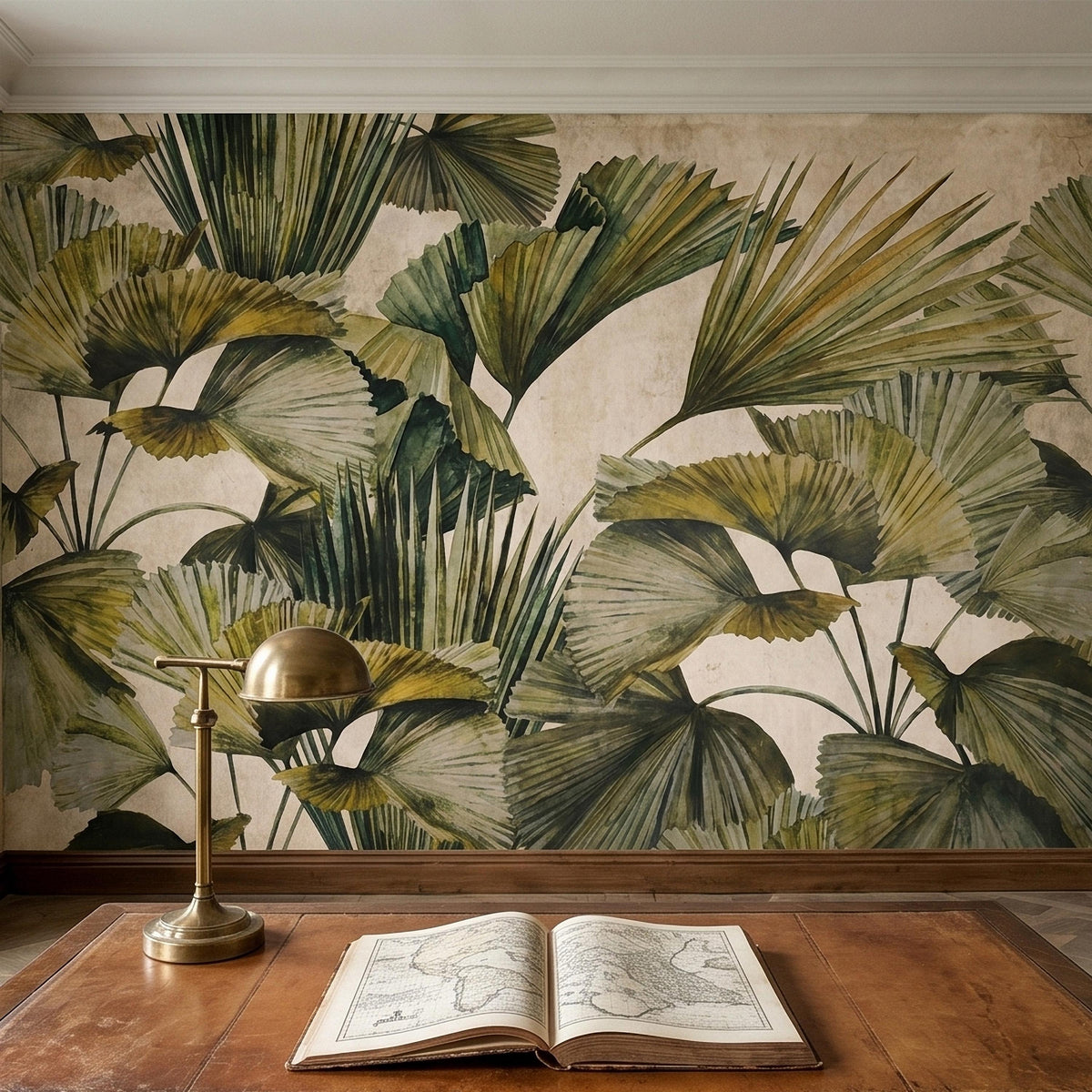 Tropical fan palm leaf wall mural, green and olive leaves with beige highlights