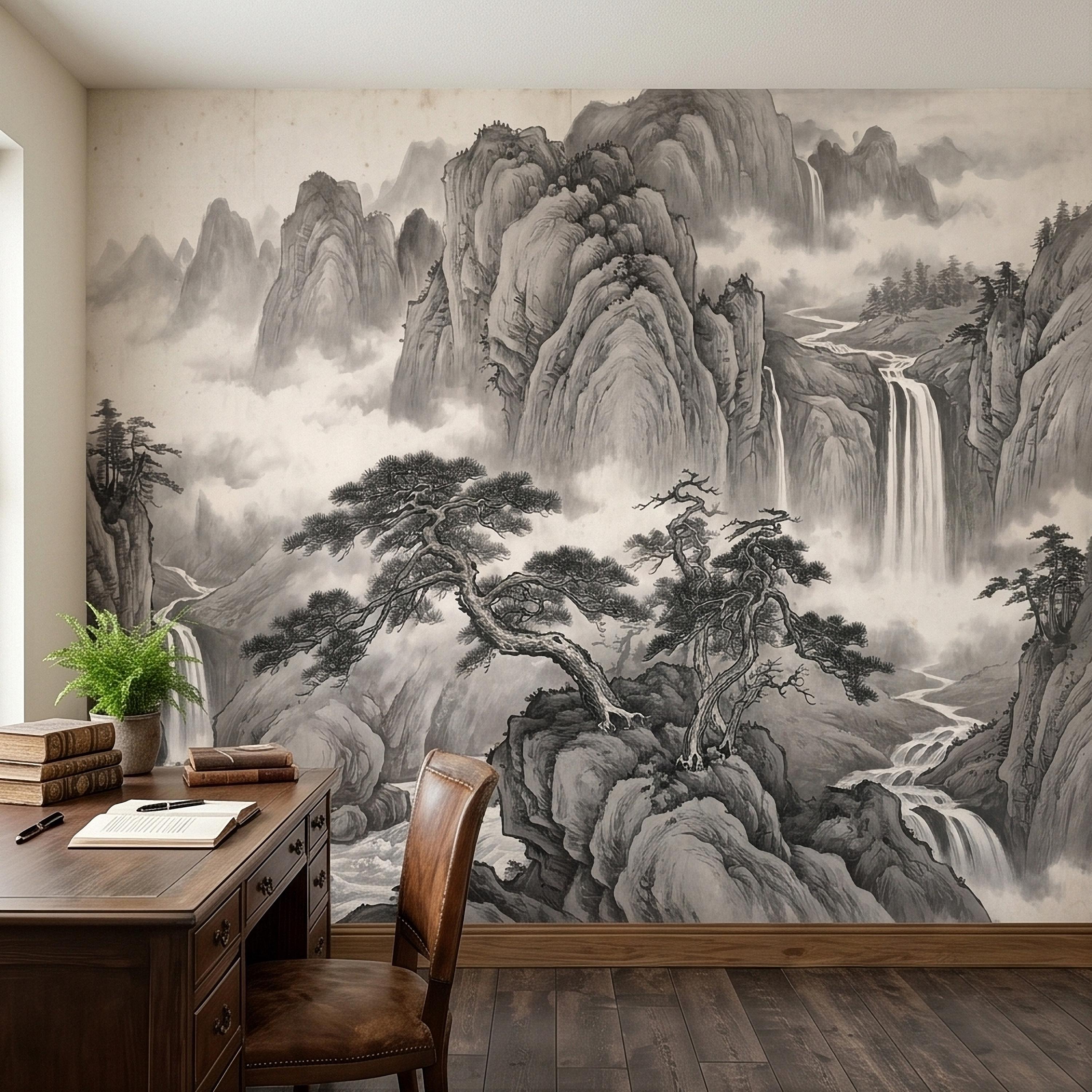 Chinese Ink Mountain Peel and Stick Wall Mural, Misty Waterfall Landscape, Black White Shan Shui Painting, Zen Nature Wallpaper