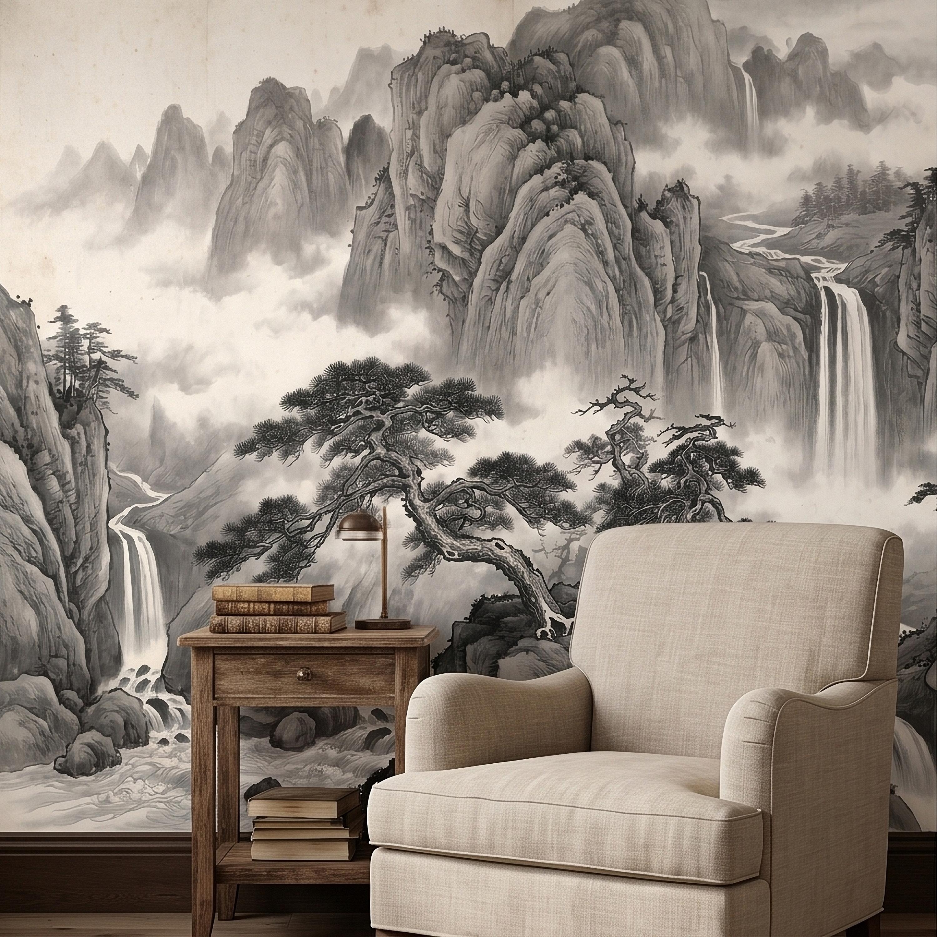 Chinese Ink Mountain Peel and Stick Wall Mural, Misty Waterfall Landscape, Black White Shan Shui Painting, Zen Nature Wallpaper