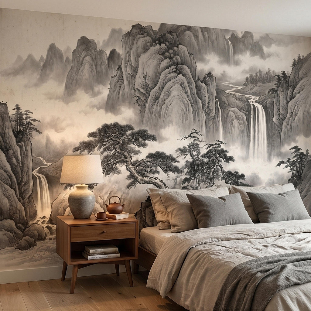 Chinese Ink Mountain Peel and Stick Wall Mural, Misty Waterfall Landscape, Black White Shan Shui Painting, Zen Nature Wallpaper