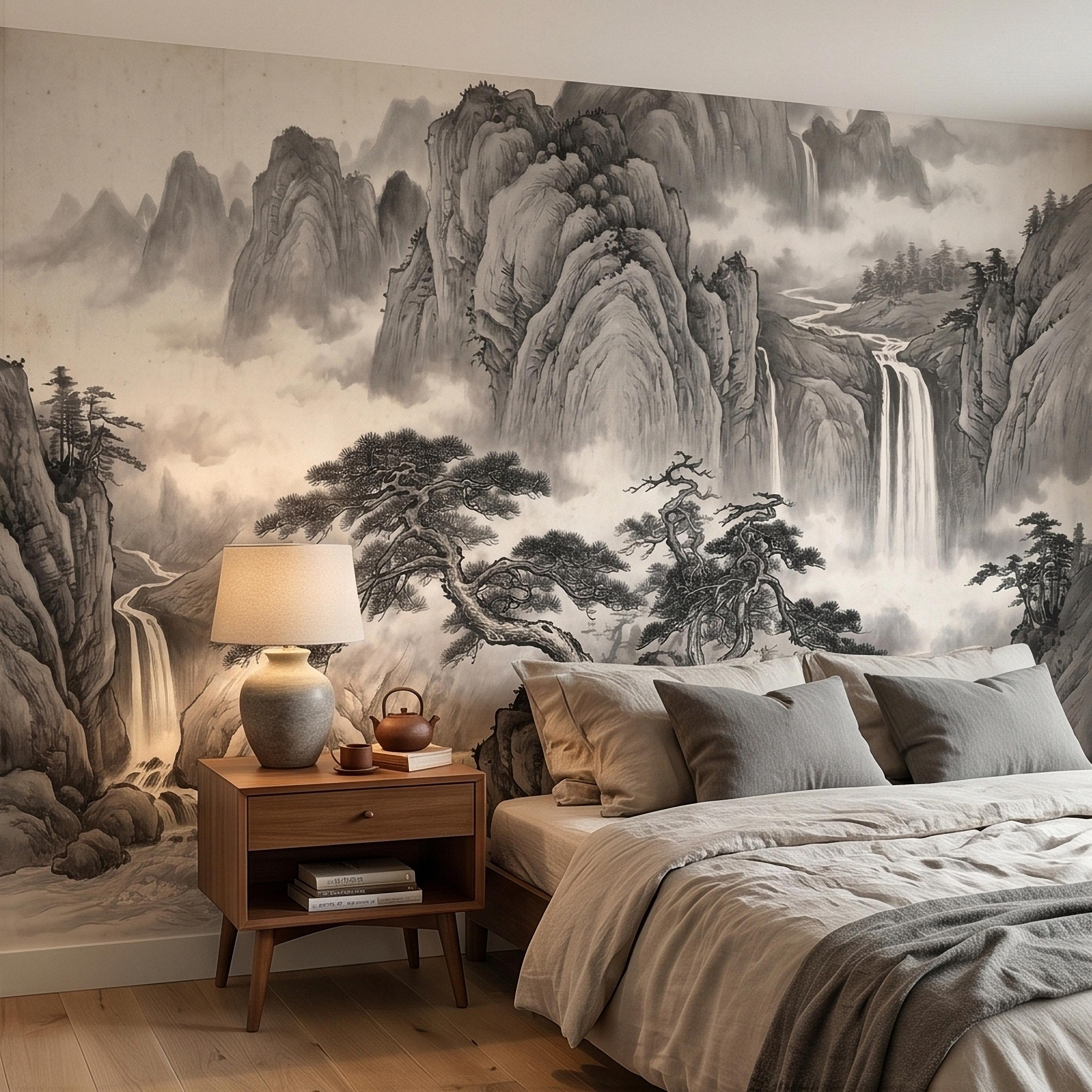 Chinese Ink Mountain Peel and Stick Wall Mural, Misty Waterfall Landscape, Black White Shan Shui Painting, Zen Nature Wallpaper