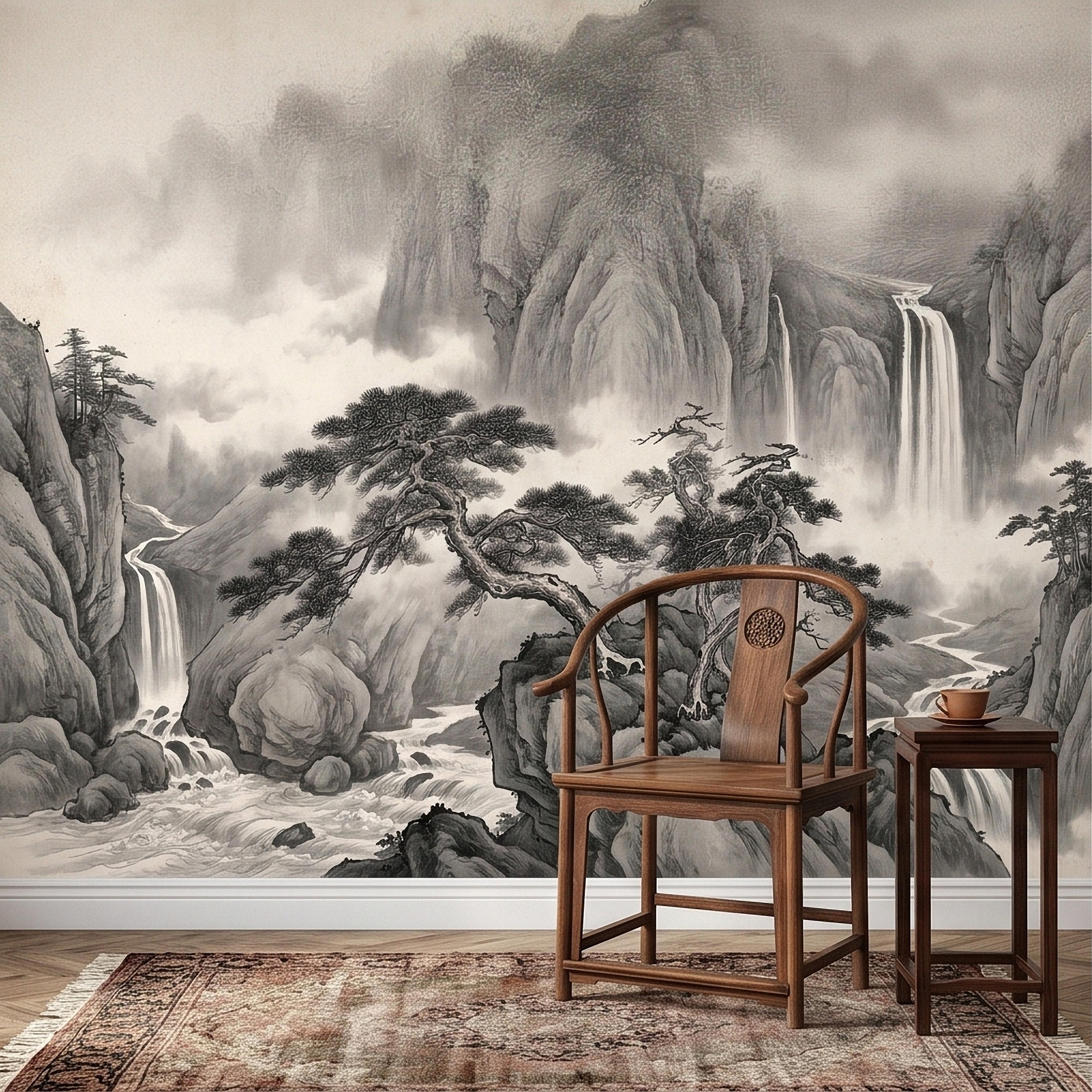 Chinese Ink Mountain Peel and Stick Wall Mural, Misty Waterfall Landscape, Black White Shan Shui Painting, Zen Nature Wallpaper