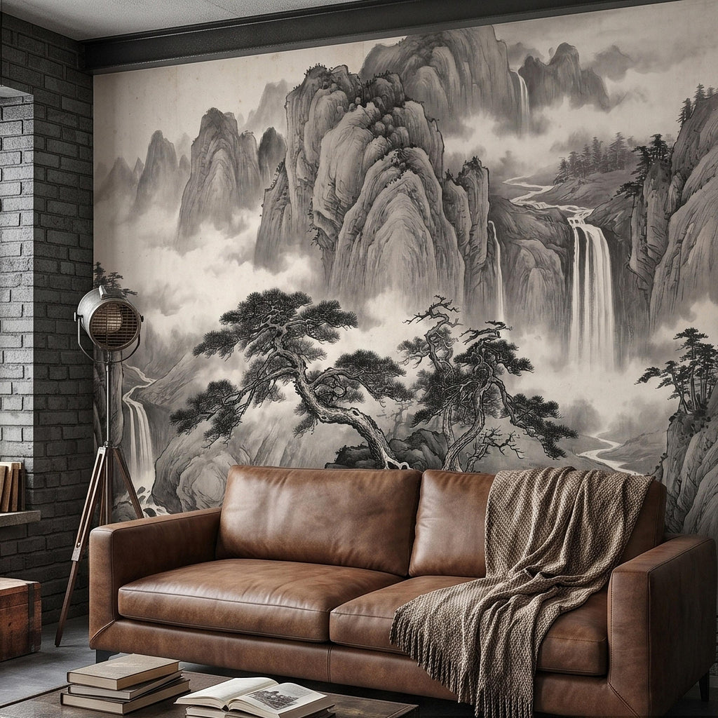 Chinese Ink Mountain Peel and Stick Wall Mural, Misty Waterfall Landscape, Black White Shan Shui Painting, Zen Nature Wallpaper