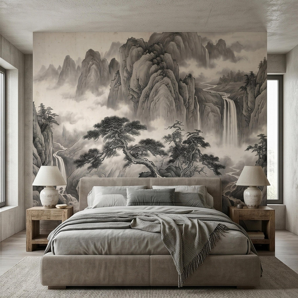 Chinese Ink Mountain Peel and Stick Wall Mural, Misty Waterfall Landscape, Black White Shan Shui Painting, Zen Nature Wallpaper