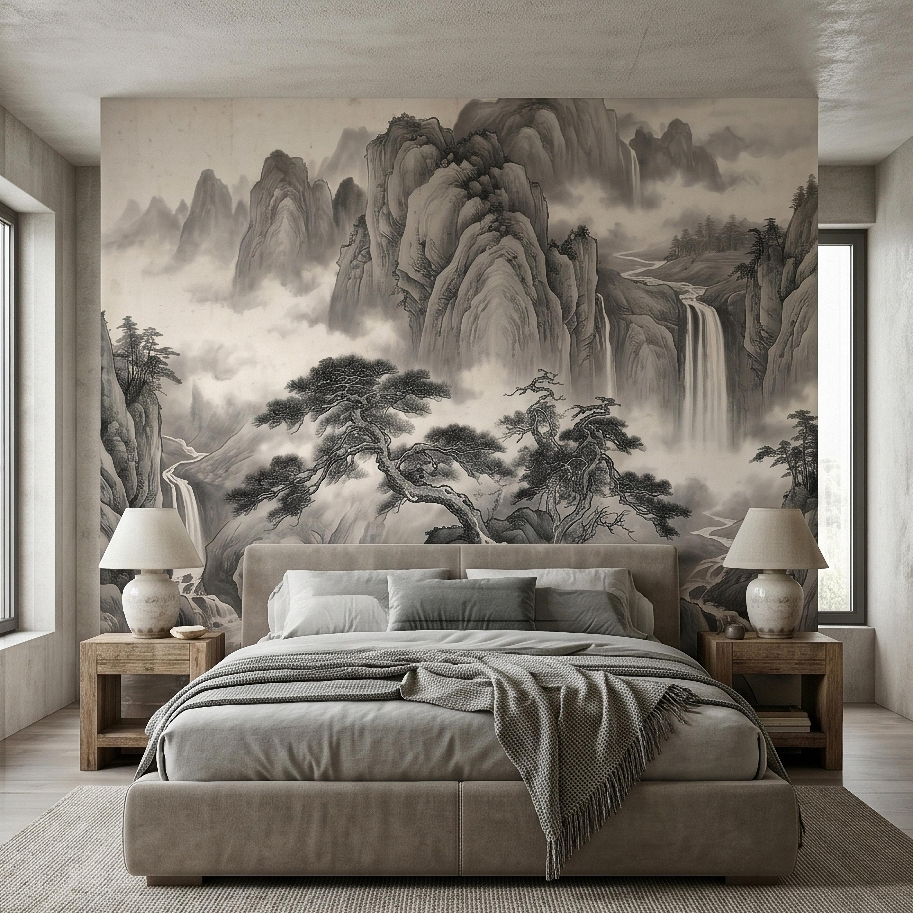 Chinese Ink Mountain Peel and Stick Wall Mural, Misty Waterfall Landscape, Black White Shan Shui Painting, Zen Nature Wallpaper