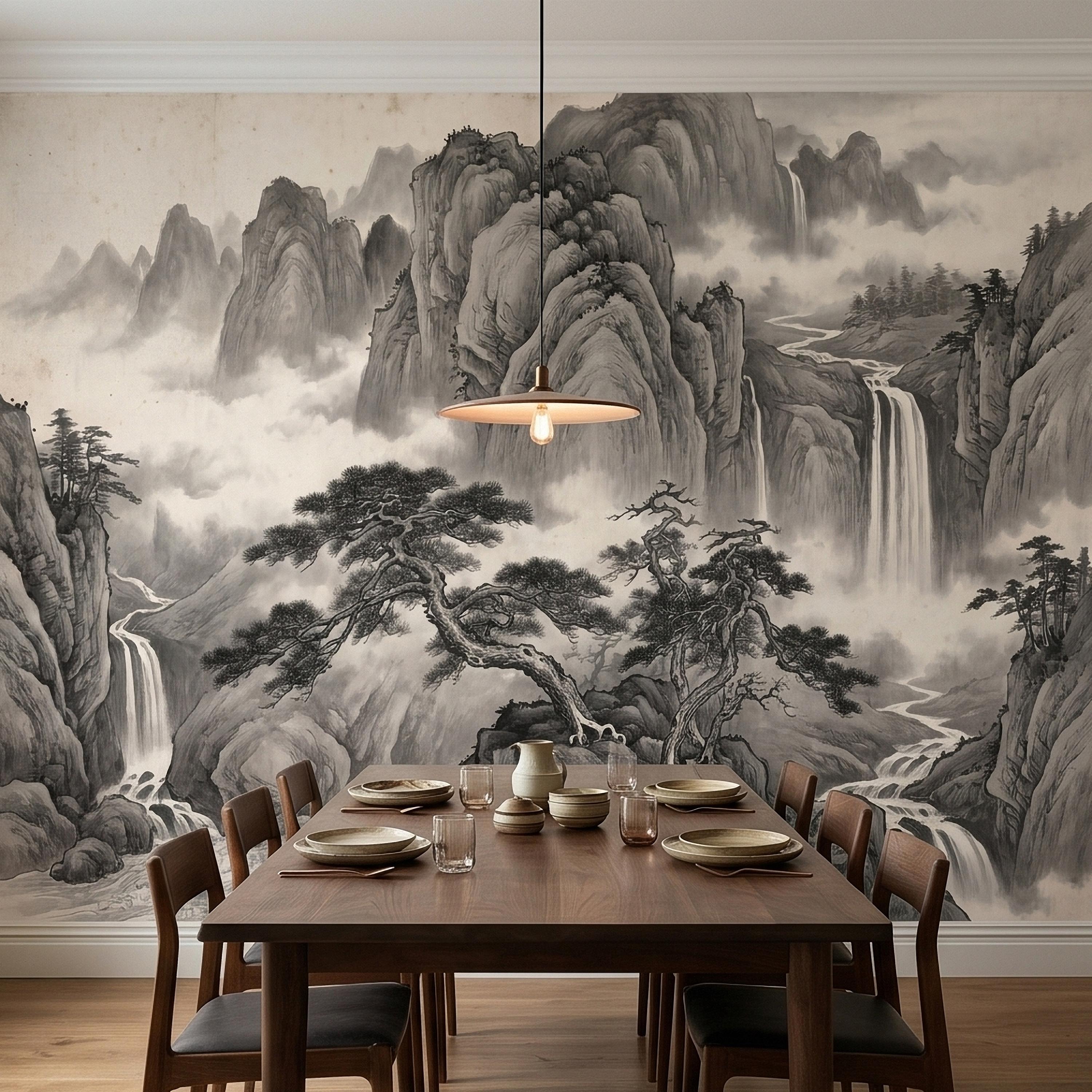 Chinese Ink Mountain Peel and Stick Wall Mural, Misty Waterfall Landscape, Black White Shan Shui Painting, Zen Nature Wallpaper