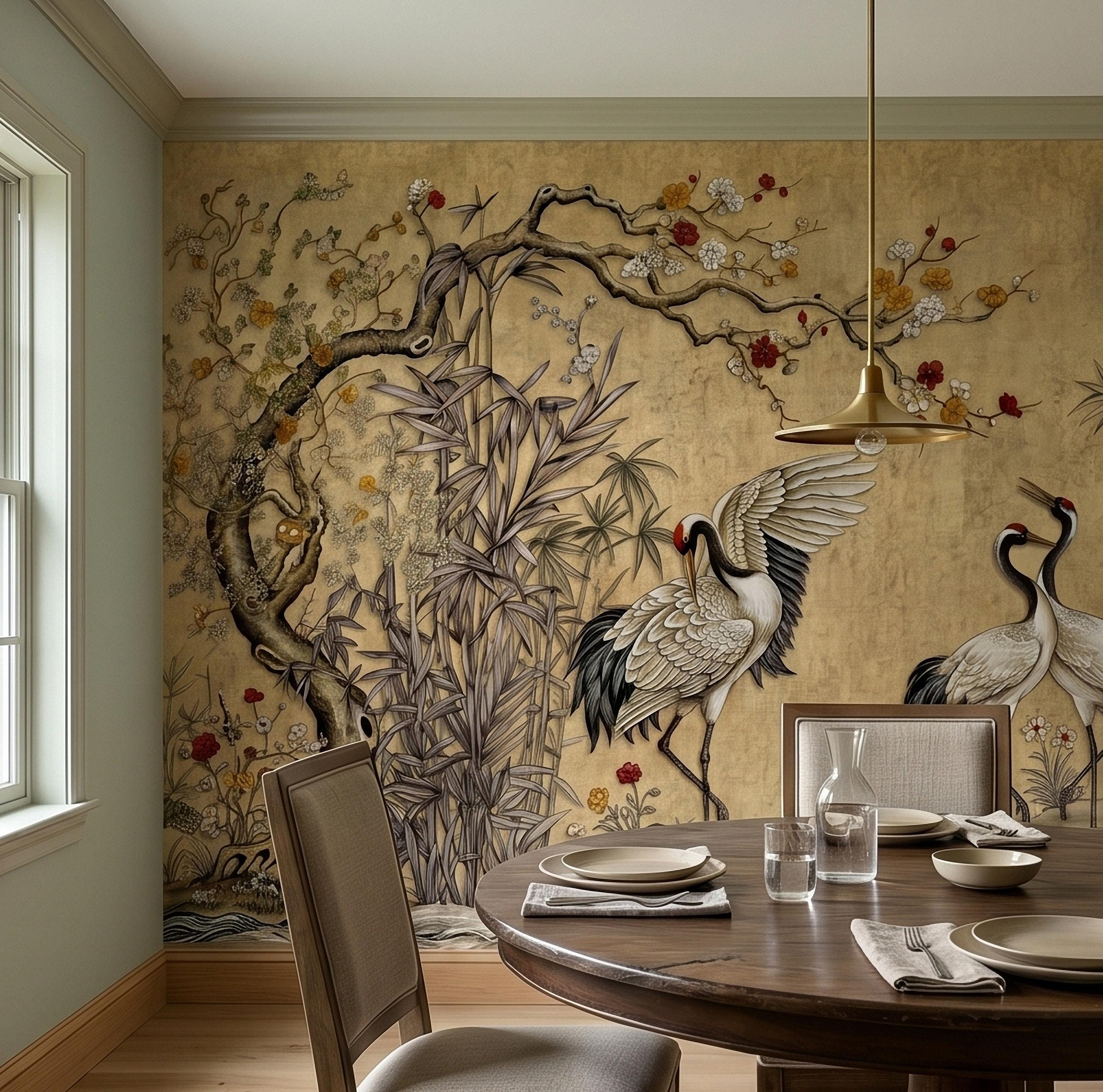 Japanese Cranes Peel and Stick Wall Mural, Vintage Chinoiserie Bamboo Cherry Blossoms, Silk Scroll Style, Asian Birds Gold Tan Wallpaper
