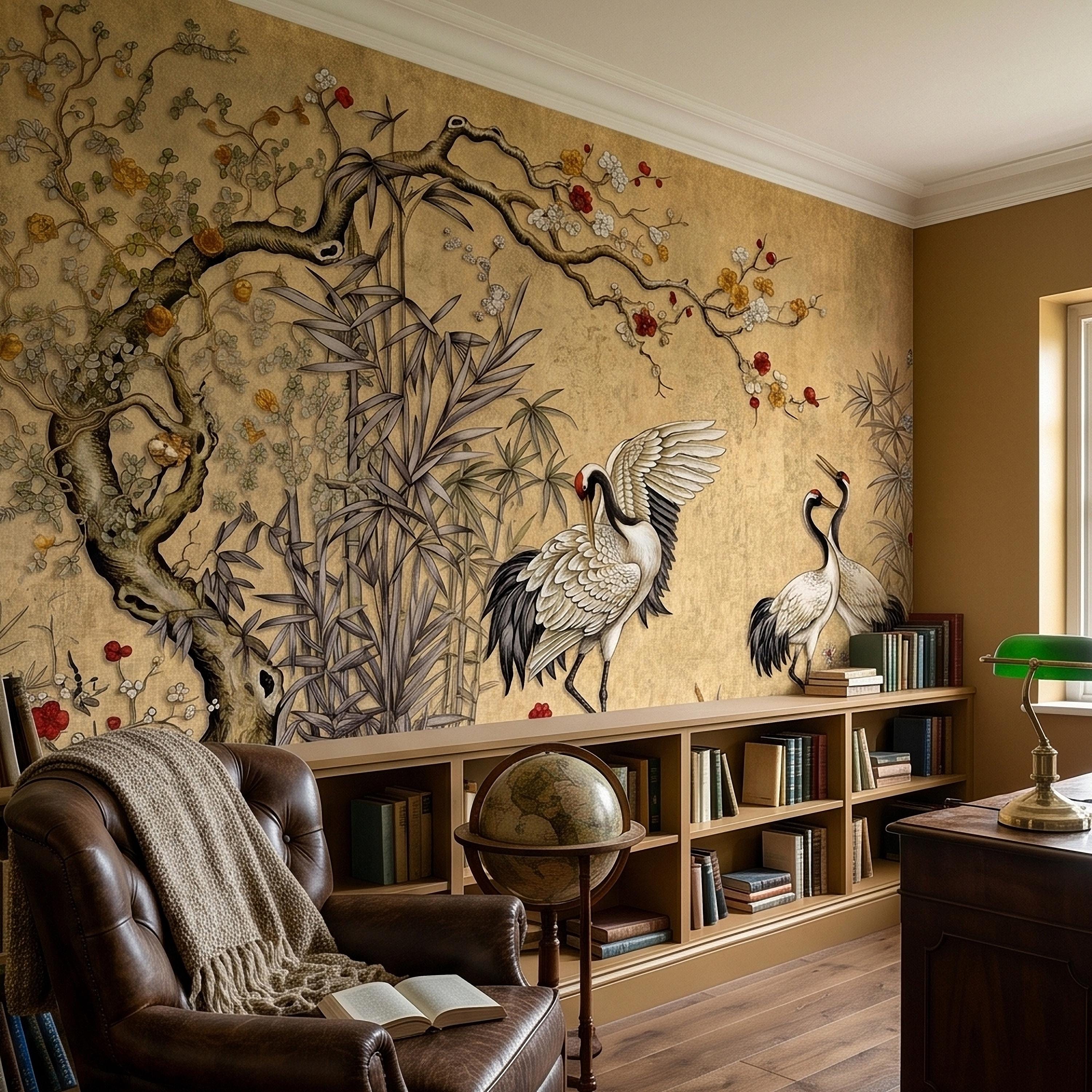 Japanese Cranes Peel and Stick Wall Mural, Vintage Chinoiserie Bamboo Cherry Blossoms, Silk Scroll Style, Asian Birds Gold Tan Wallpaper