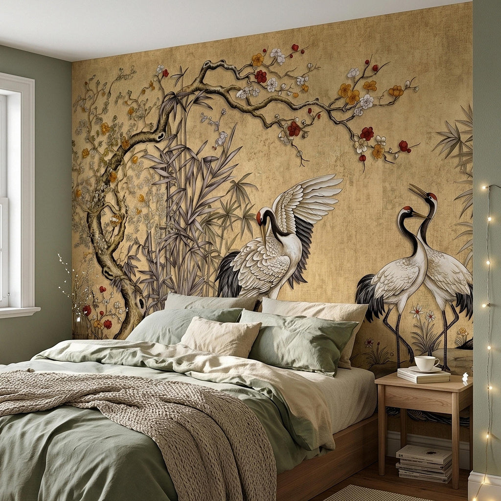Japanese Cranes Peel and Stick Wall Mural, Vintage Chinoiserie Bamboo Cherry Blossoms, Silk Scroll Style, Asian Birds Gold Tan Wallpaper