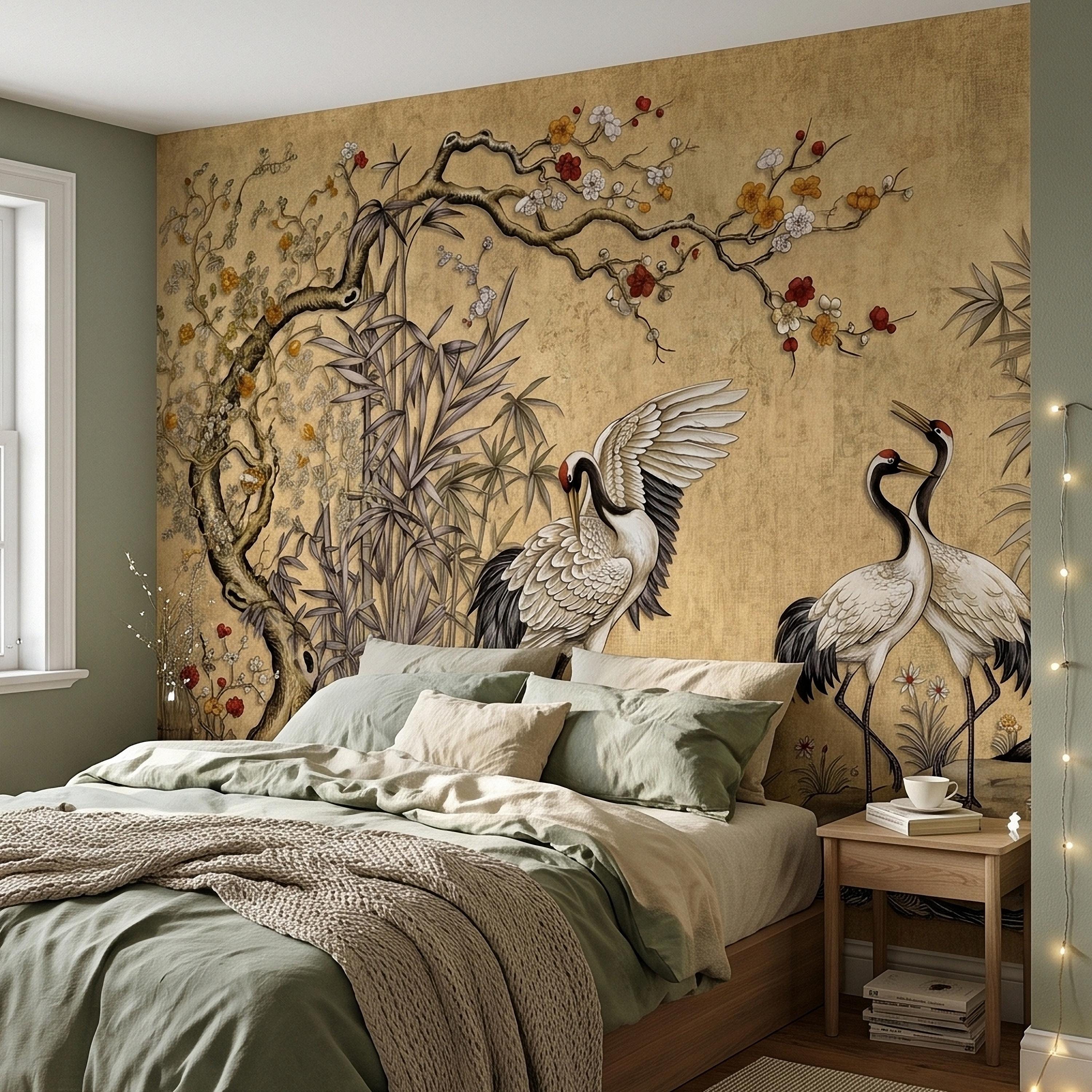 Japanese Cranes Peel and Stick Wall Mural, Vintage Chinoiserie Bamboo Cherry Blossoms, Silk Scroll Style, Asian Birds Gold Tan Wallpaper
