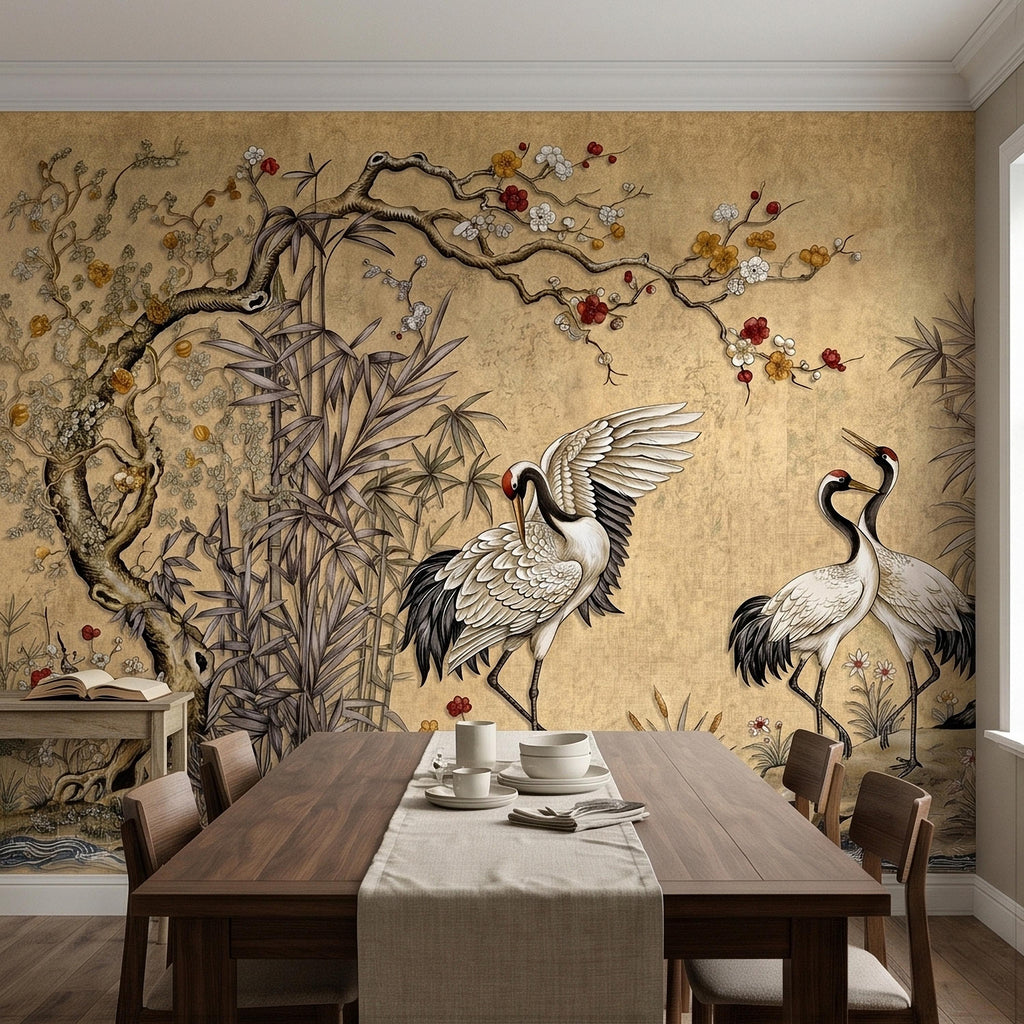 Japanese Cranes Peel and Stick Wall Mural, Vintage Chinoiserie Bamboo Cherry Blossoms, Silk Scroll Style, Asian Birds Gold Tan Wallpaper