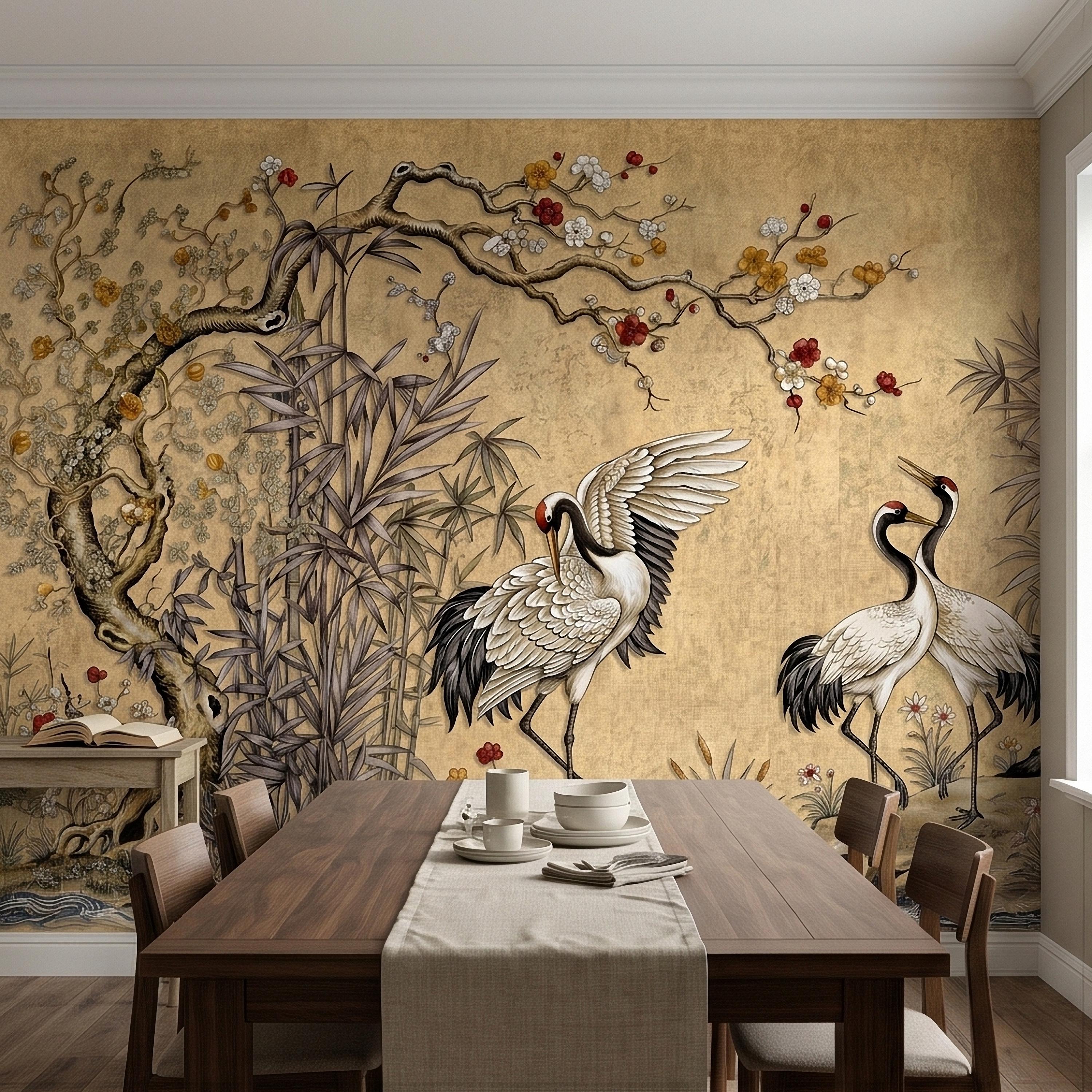 Japanese Cranes Peel and Stick Wall Mural, Vintage Chinoiserie Bamboo Cherry Blossoms, Silk Scroll Style, Asian Birds Gold Tan Wallpaper