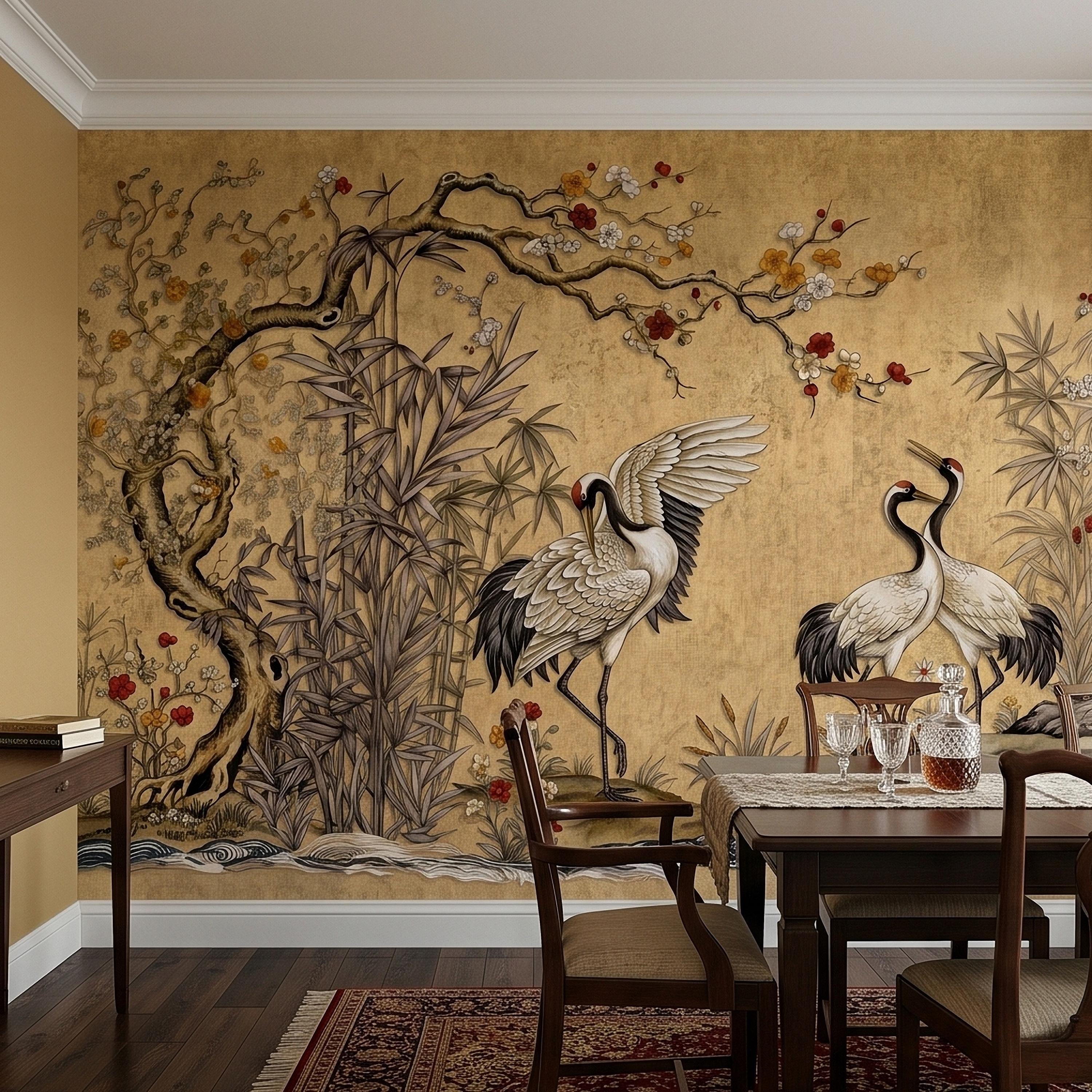 Japanese Cranes Peel and Stick Wall Mural, Vintage Chinoiserie Bamboo Cherry Blossoms, Silk Scroll Style, Asian Birds Gold Tan Wallpaper