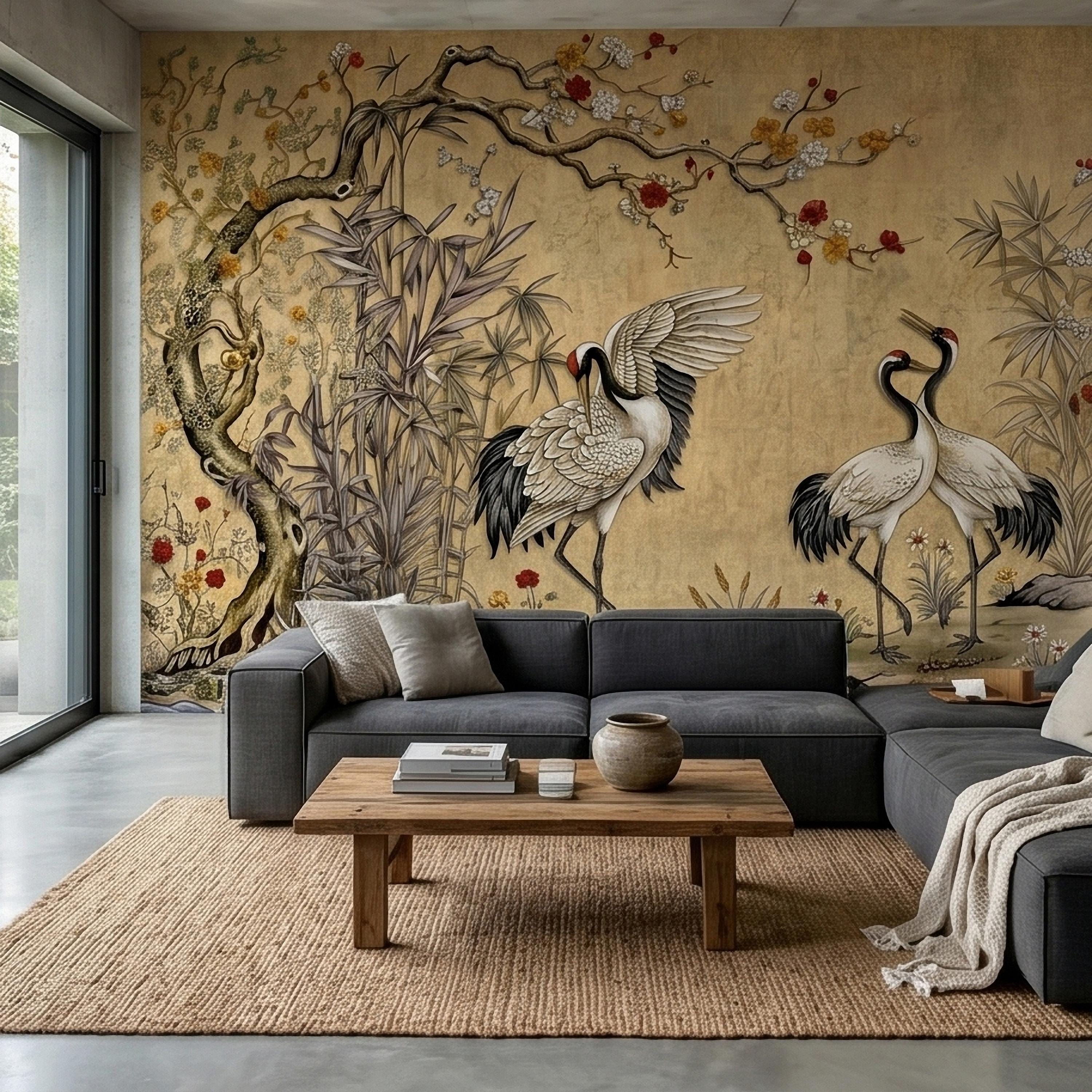 Japanese Cranes Peel and Stick Wall Mural, Vintage Chinoiserie Bamboo Cherry Blossoms, Silk Scroll Style, Asian Birds Gold Tan Wallpaper