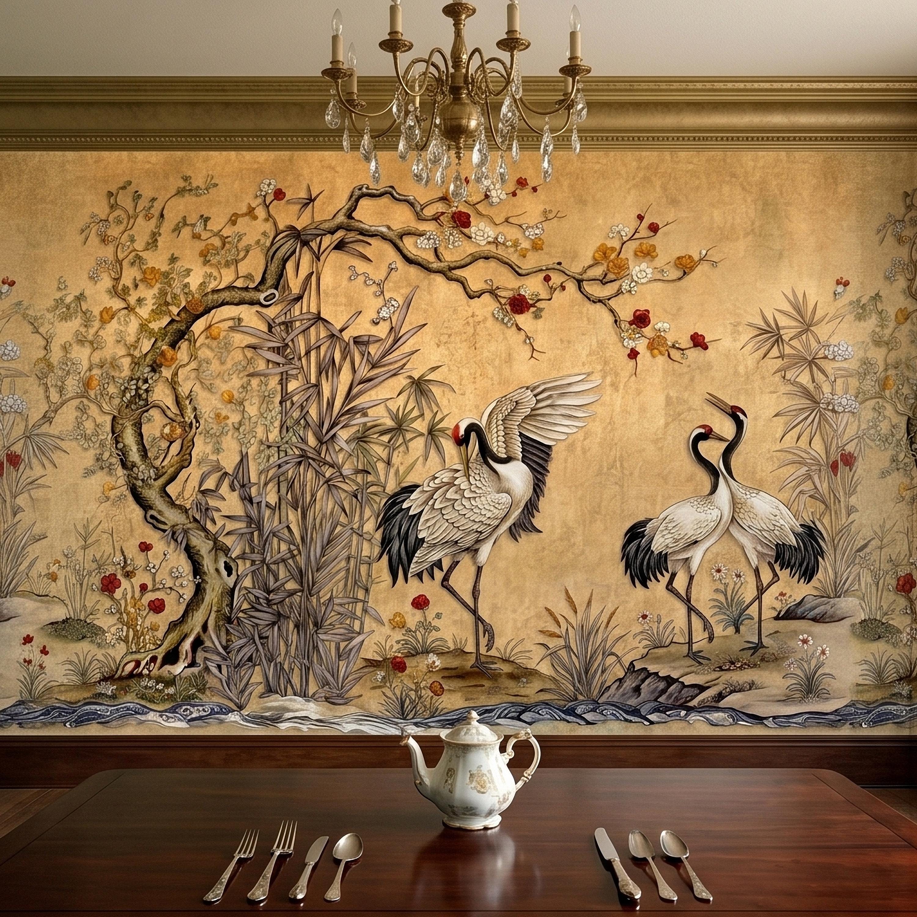 Japanese Cranes Peel and Stick Wall Mural, Vintage Chinoiserie Bamboo Cherry Blossoms, Silk Scroll Style, Asian Birds Gold Tan Wallpaper