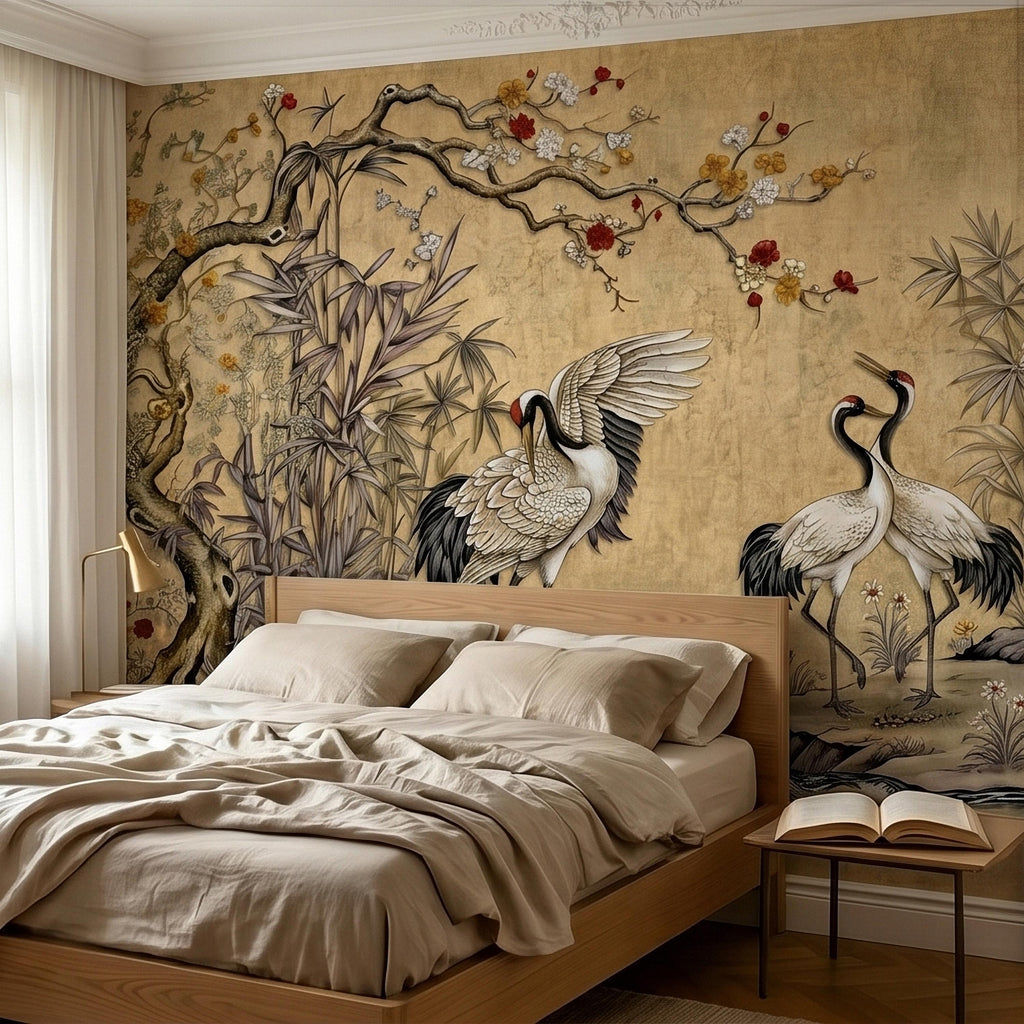 Japanese Cranes Peel and Stick Wall Mural, Vintage Chinoiserie Bamboo Cherry Blossoms, Silk Scroll Style, Asian Birds Gold Tan Wallpaper